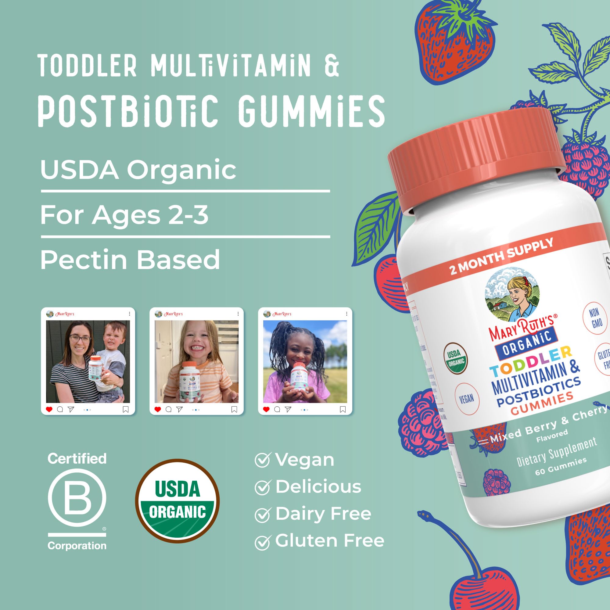 MaryRuth Organics Toddler Multivitamin Gummies + Postbiotics | USDA Organic | Vitamins for Kids Ages 2+ | Immune Support | Vitamin C | Vitamin D3 | Vitamin A | Zinc | Vegan | Non-GMO | 60 Servings MARYRUTH'S uk supplements