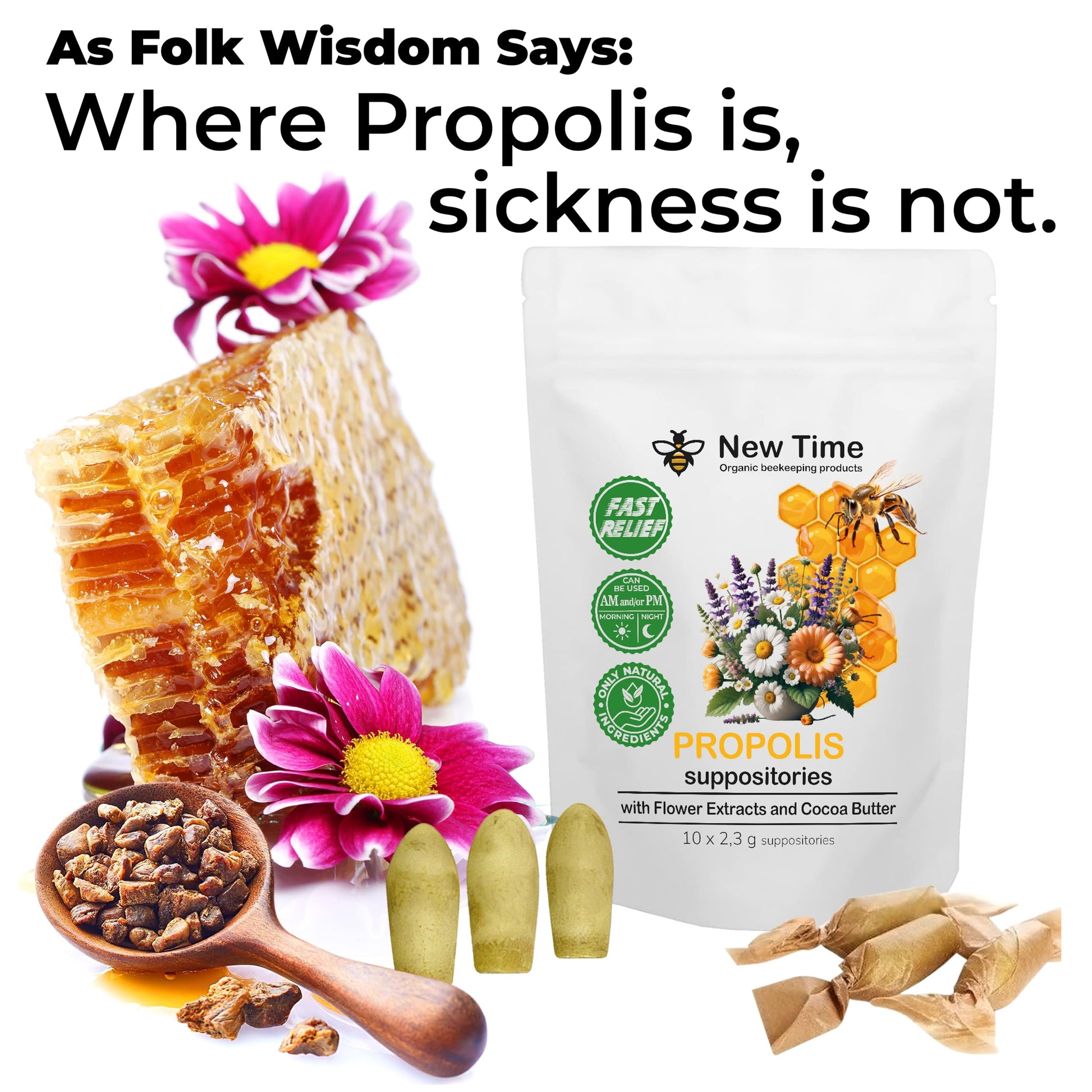 Organic Propolis Comfort Suppositories for Men, Women - Natural Bee & Botanical Formula, Gentle Daily Care 10 Count New Time Organic beekeeping products uk supplements