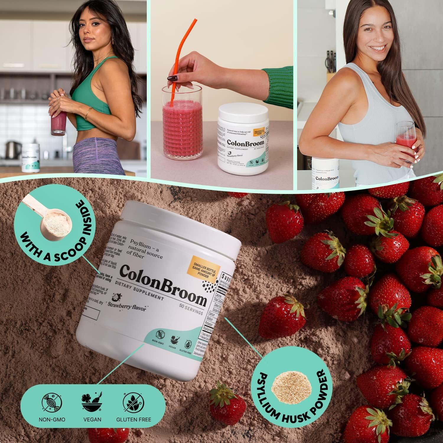 ColonBroom Psyllium Husk Powder (Strawberry) - Colon Cleanse for Bloating Relief & Gut Health - Colon Broom Fiber Powder Drink - Vegan, Gluten Free, Non-GMO Fiber Powder Supplement, 50 Servings ColonBroom uk supplements