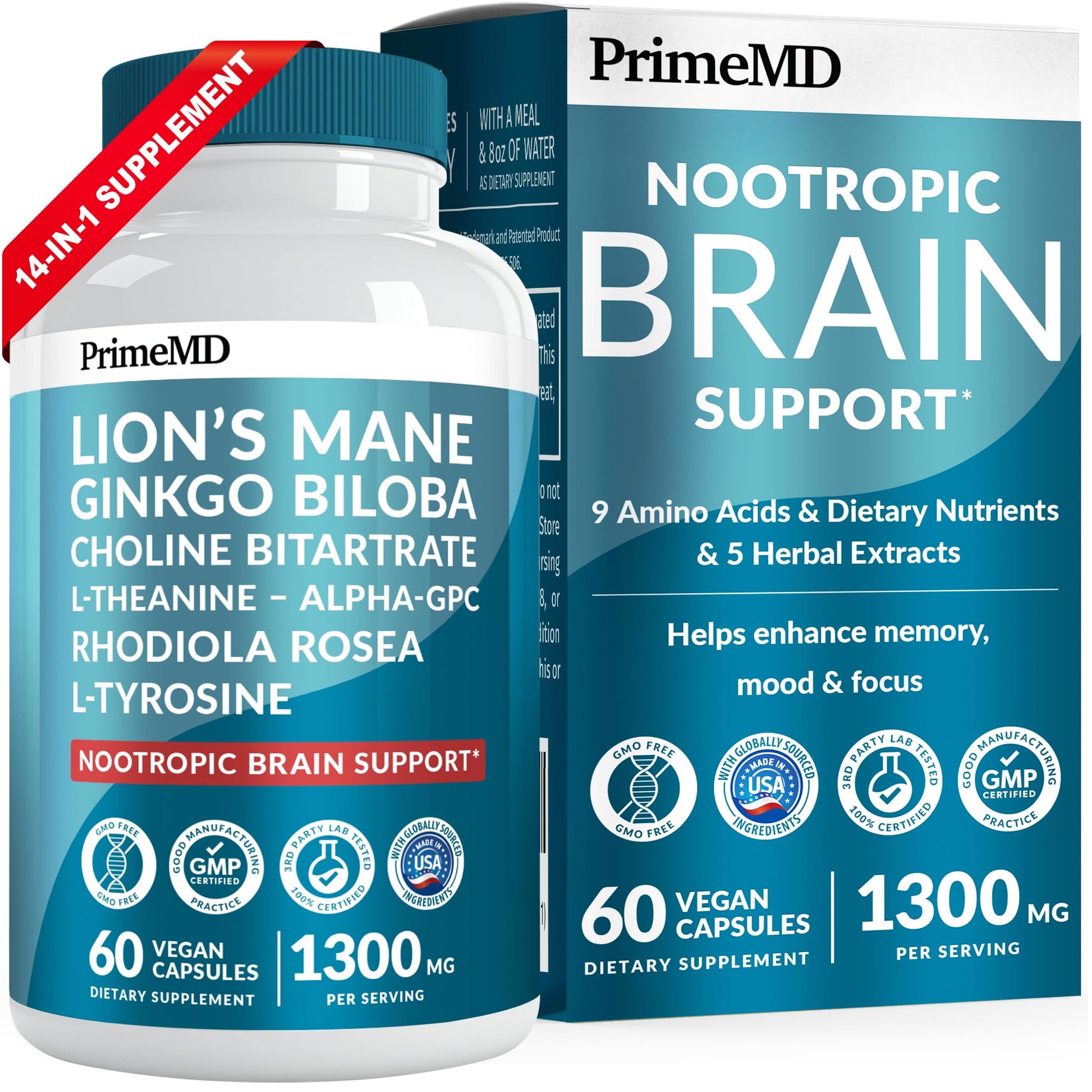 14-in-1 Lions Mane Supplement Capsules - Nootropic Brain Supplement with Ginkgo Biloba for Brain Support, Memory and Focus - Alpha GPC, L Theanine & Choline Supplements with 1300mg Per Serving (60 ct) PrimeMD uk supplements