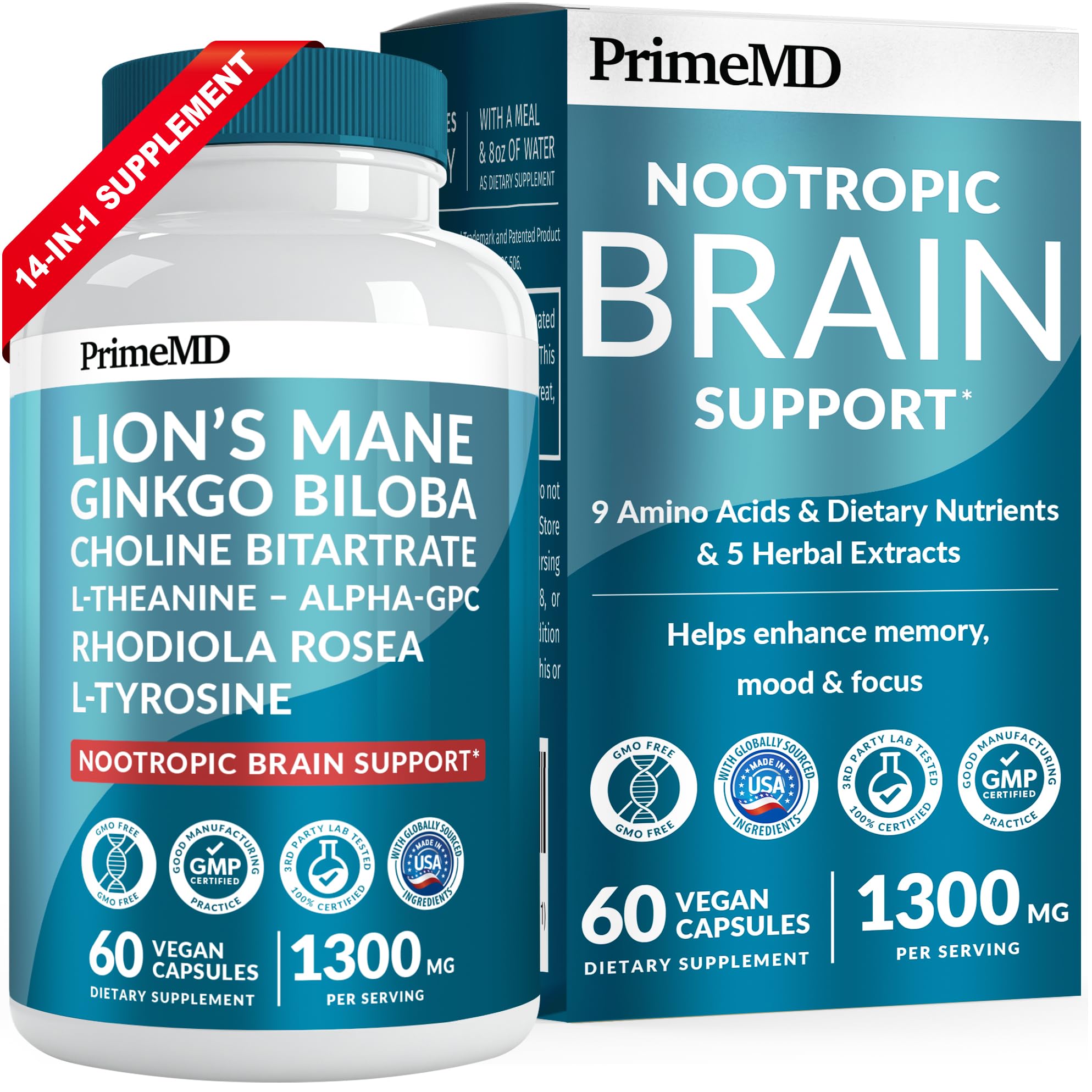 14-in-1 Lions Mane Supplement Capsules - Nootropic Brain Supplement with Ginkgo Biloba for Brain Support, Memory and Focus - Alpha GPC, L Theanine & Choline Supplements with 1300mg Per Serving (60 ct) PrimeMD uk supplements