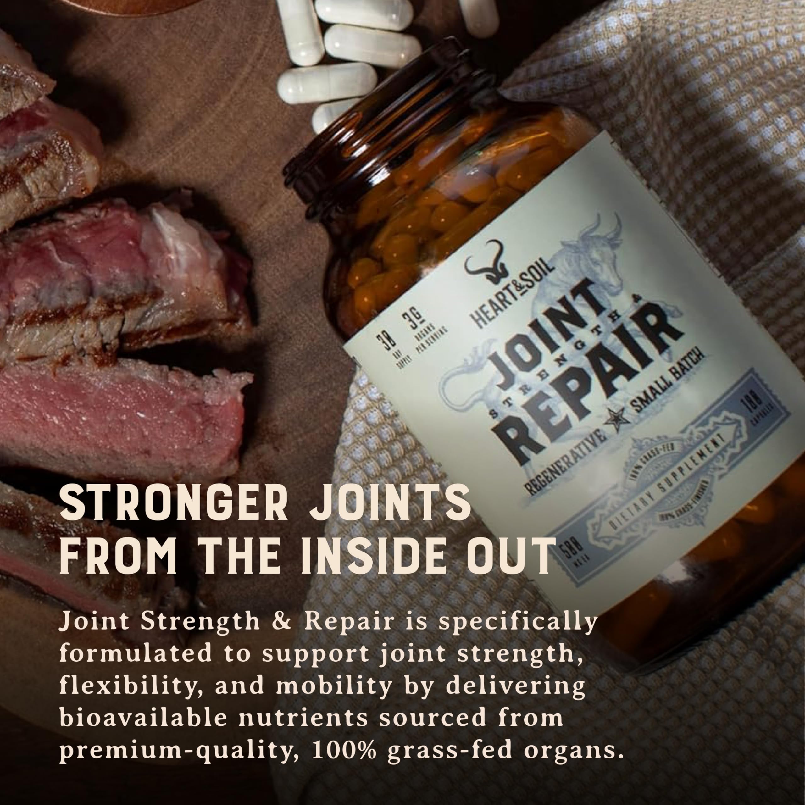 Heart & Soil 100% Grass Fed & Finished Joint Support Supplement from Regenerative Cattle with Trachea, Scapula & Bone Marrow – Supports Joint Strength & Mobility – 3000mg – Glass Bottle – 180 Capsules HEART & SOIL uk supplements