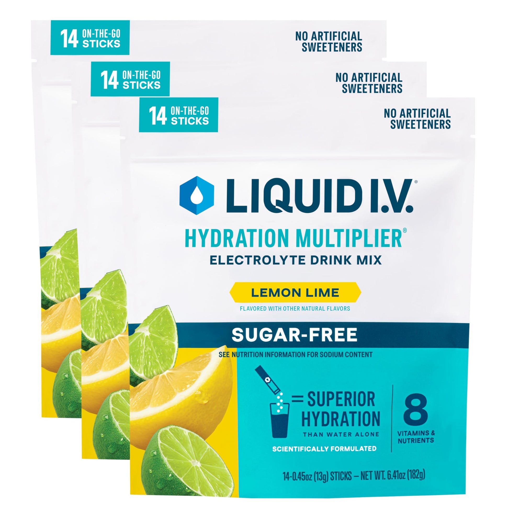 Liquid I.V.® Hydration Multiplier® Sugar-Free - Lemon Lime - Hydration Powder Packets | Electrolyte Powder Drink Mix | Convenient Single-Serving Sticks | Non-GMO | 14 Servings (Pack of 3) Liquid I.V. uk supplements
