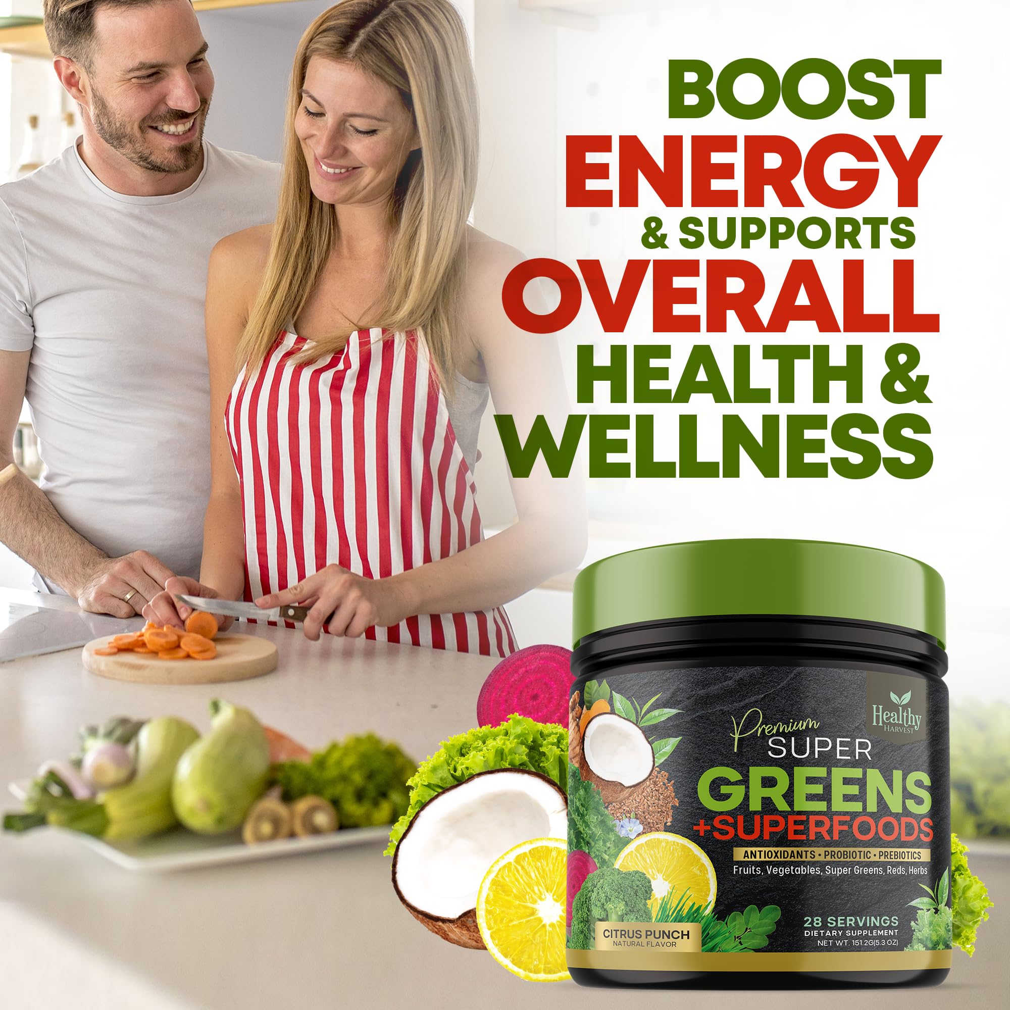 Greens Powder Superfood Supplement - Super Green Reds Smoothie Mix Blend with Spirulina Healthy Harvest Nutrition uk supplements