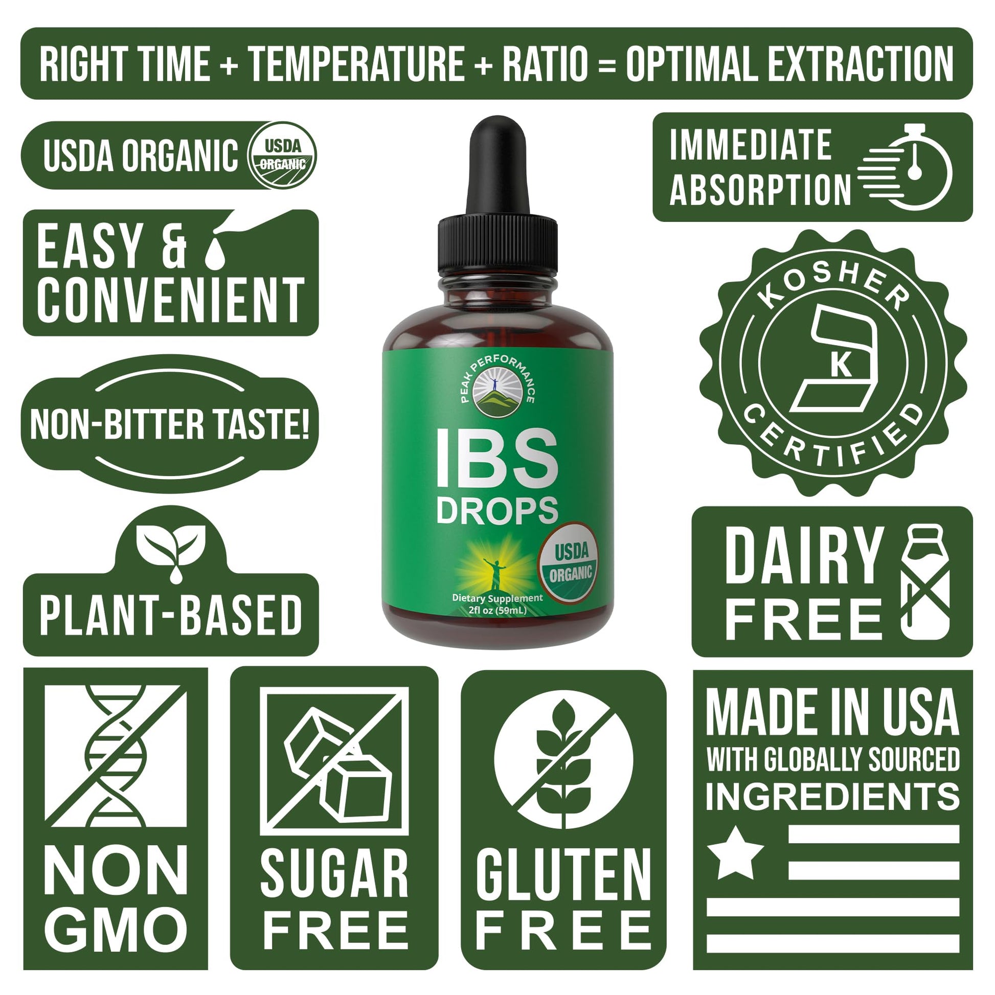 USDA Organic IBS Relief 5-in-1 Liquid Drops. for Ingestion, Bloating, Gas. Irritable Bowel Supplement with 5 Organic Ingredients. Peppermint Oil, Fennel Seed, Chamomile Flower, Rosemary, Holy Basil Peak Performance uk supplements