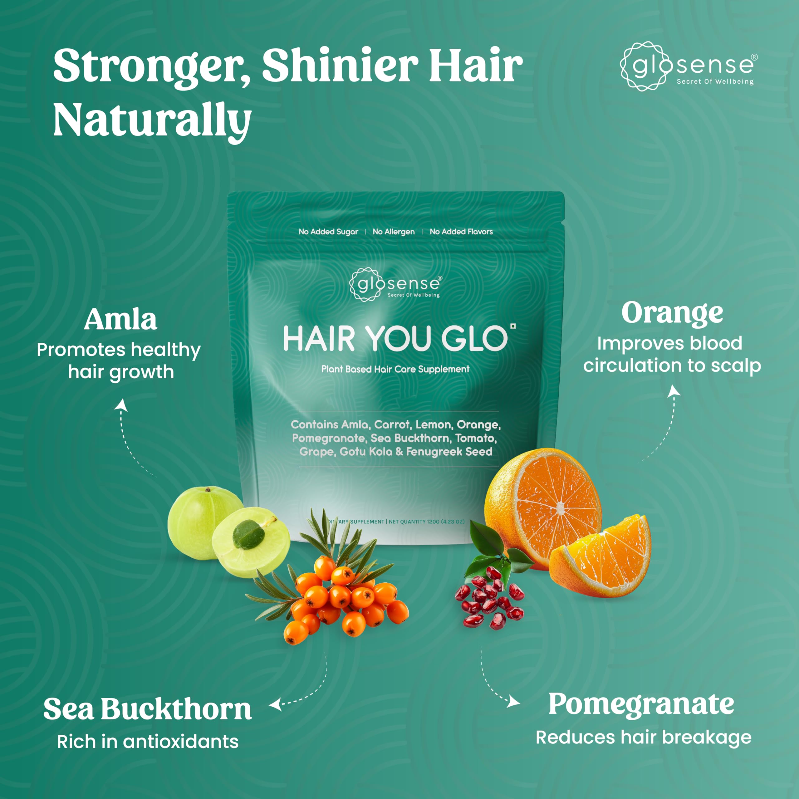 Glosense Hair You Glo – Plant-Based Biotin Supplement | Hair Growth Drink | Natural Hair Vitamins Powder with Amla, Sea Buckthorn, Gotu Kola | No Added Sugar, No Added Flavours | 30 Servings Glosense uk supplements