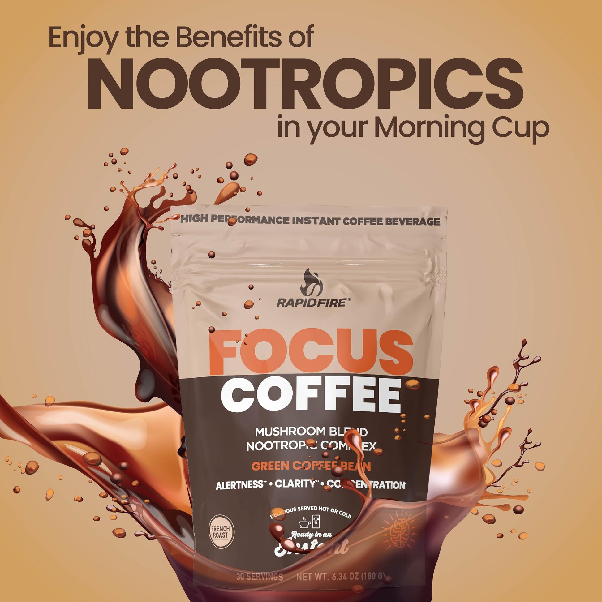 Focus Coffee Mushroom Blend, Nootropic Complex Coffee, Supports Alertness and Clarity, (Lion’s Mane, Cordyceps, Turkey Tail) Green Coffee Bean Instant Coffee for Focus & Gut Health, 30 Servings Rapid Fire uk supplements