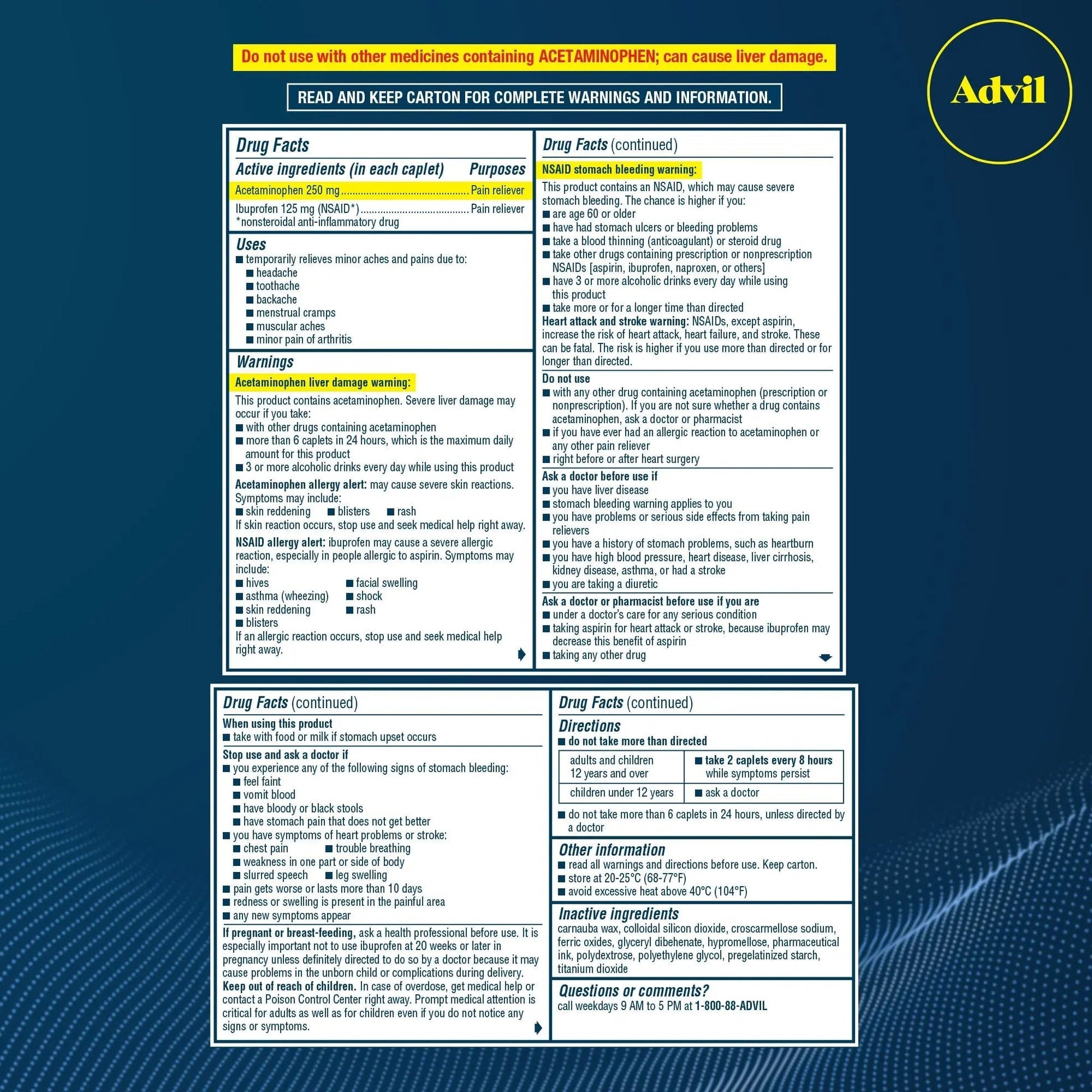 Advil Dual Action Coated Caplets, 125 Mg Ibuprofen and 250 Mg Acetaminophen per Dose (2 Dose Equivalent) for 8 Hour Pain Relief - 216 Count Advil uk supplements