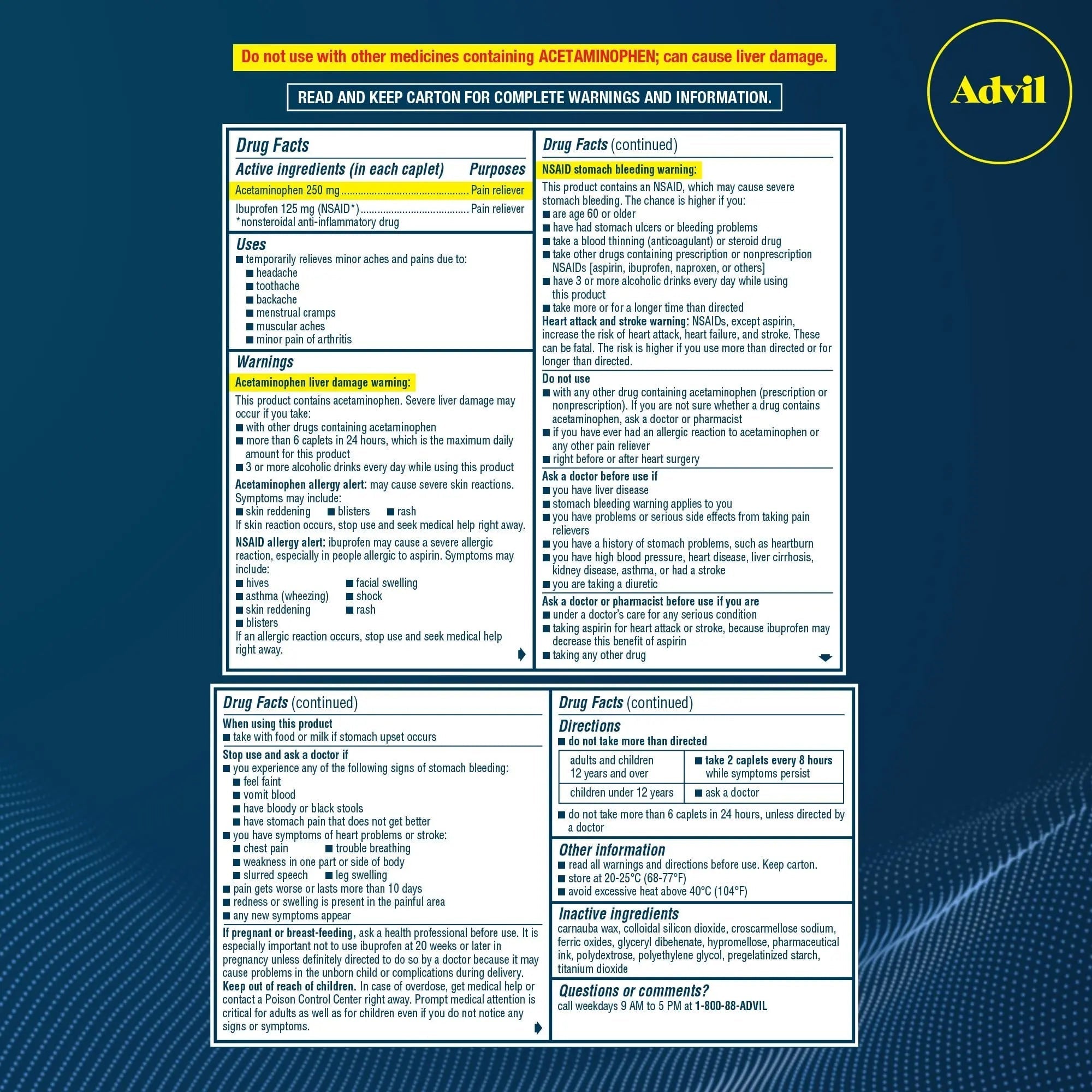 Advil Dual Action Coated Caplets, 125 Mg Ibuprofen and 250 Mg Acetaminophen per Dose (2 Dose Equivalent) for 8 Hour Pain Relief - 216 Count Advil uk supplements