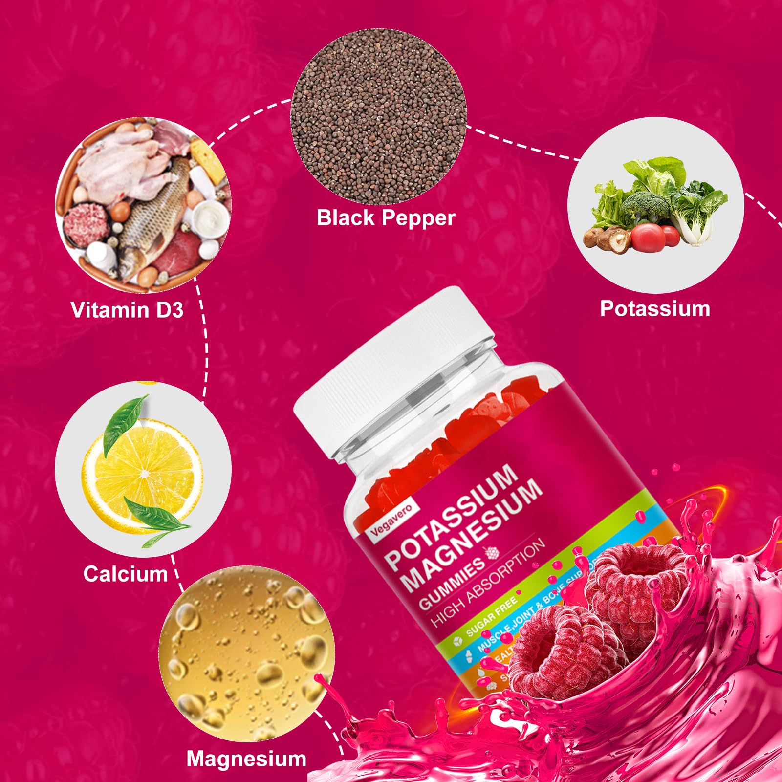 Potassium Magnesium Gummies - High Absorption Magnesium Glycinate & Potassium Citrate Plus Coenzyme Q10, DHA, D3, Mineral & Calcium for Zzz, Leg Cramps & Muscle - 60 Raspberry Gummies Vegavero uk supplements