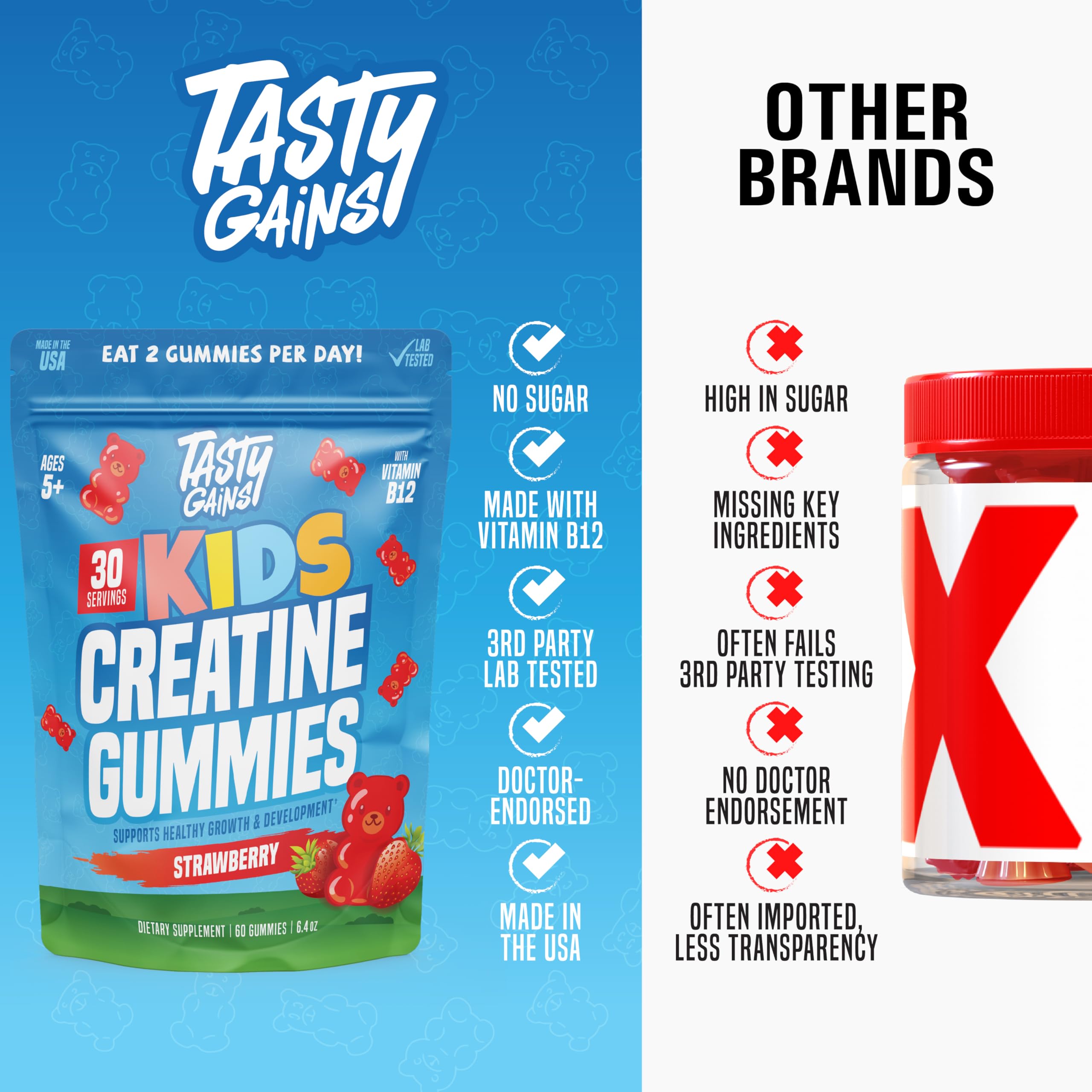 TASTY GAINS Kids & Teen Creatine Gummies with Vitamin B12 for Growth Support, Easy Chew Daily Supplement, Gummy Vitamins for Kids and Teens, Ages 5+ TASTY GAINS uk supplements