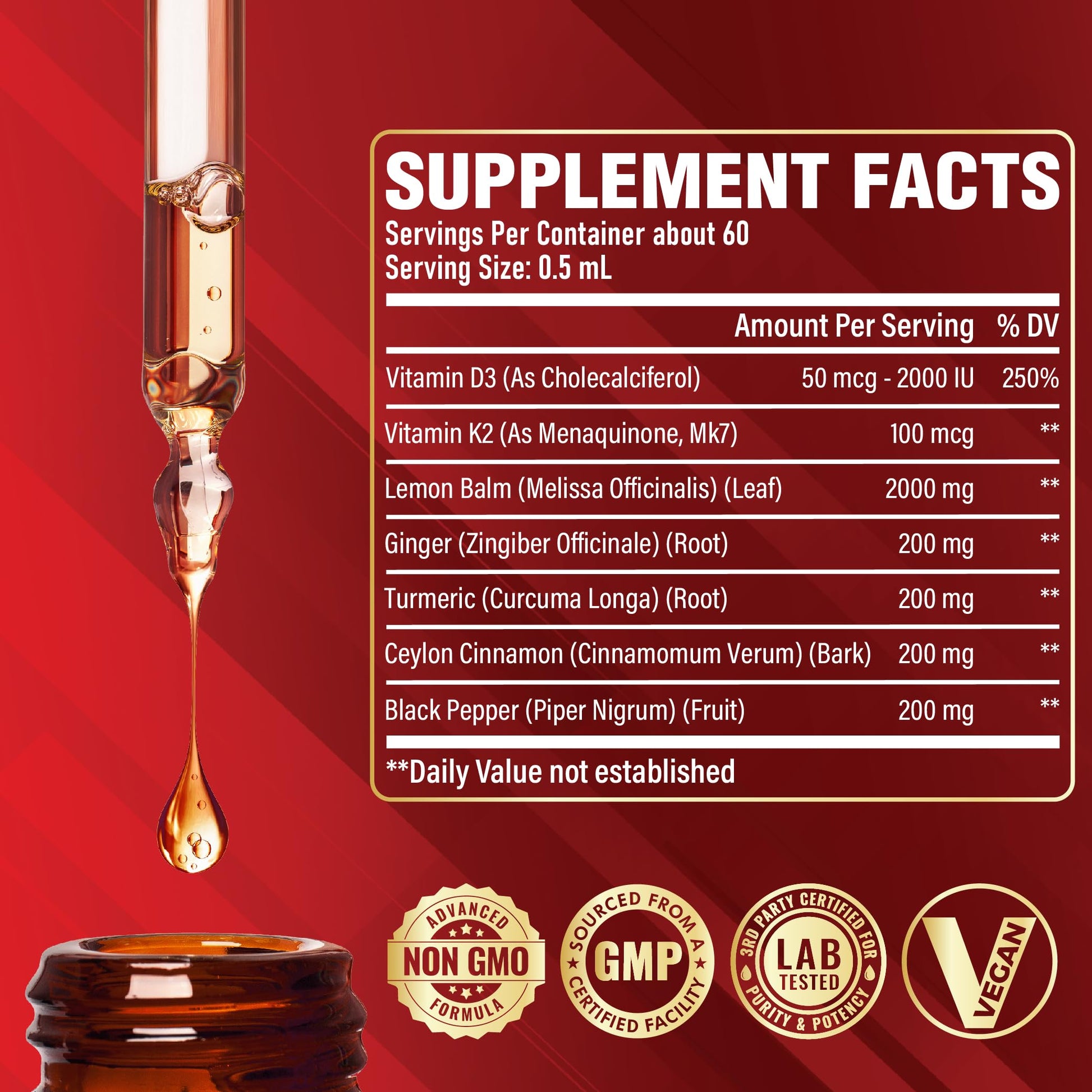 Satoomi 7in1 Lemon Balm Tincture with Vitamin D3, Vitamin K2, Ginger Root, Turmeric, Ceylon Cinnamon and Black Pepper - 1 FL Oz - 60 Day Supply Satoomi uk supplements