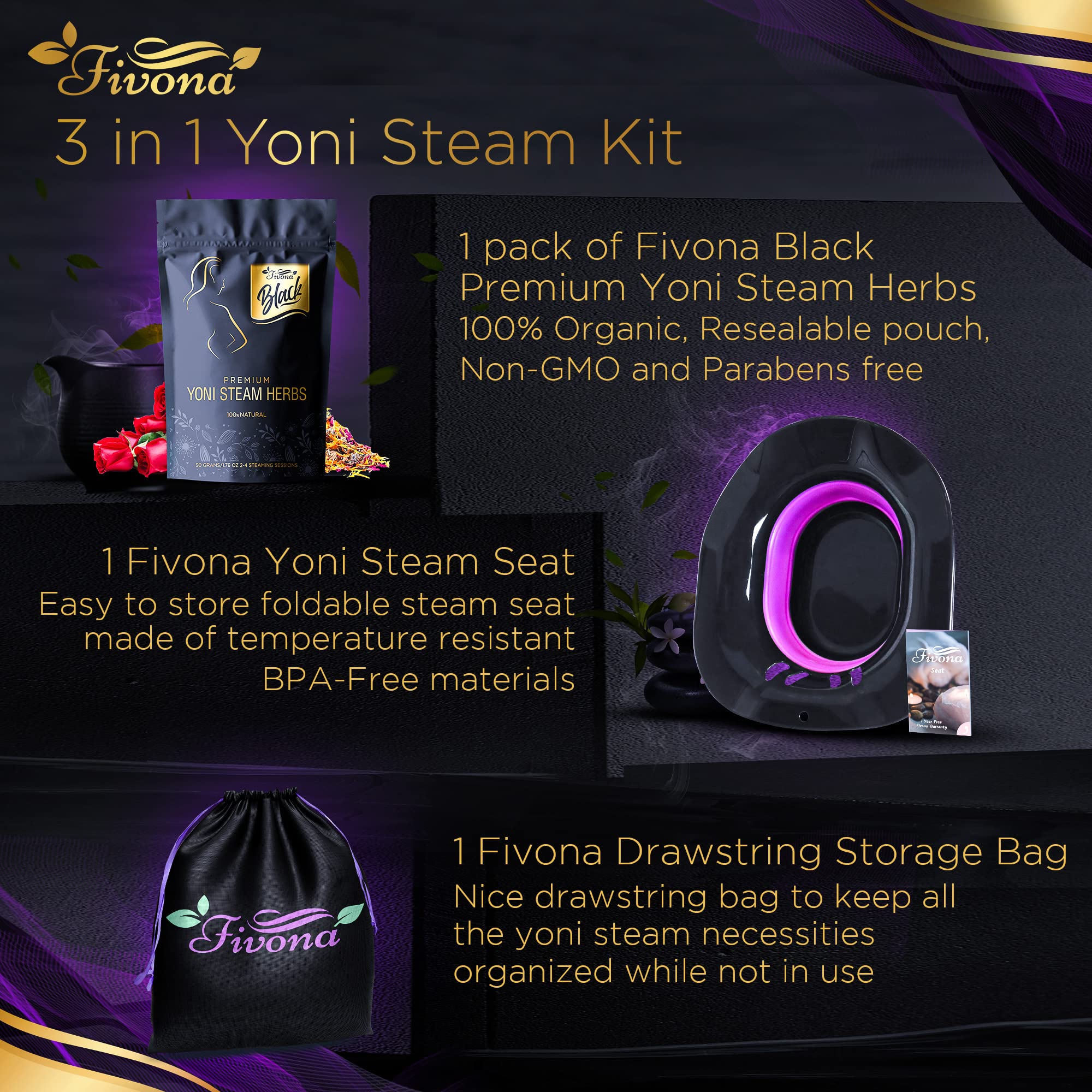 Fivona 3-in-1 Yoni Steam Kit Black - Foldable Over The Toilet Steamer Seat with Herbal Blend and Storage FIVONA uk supplements
