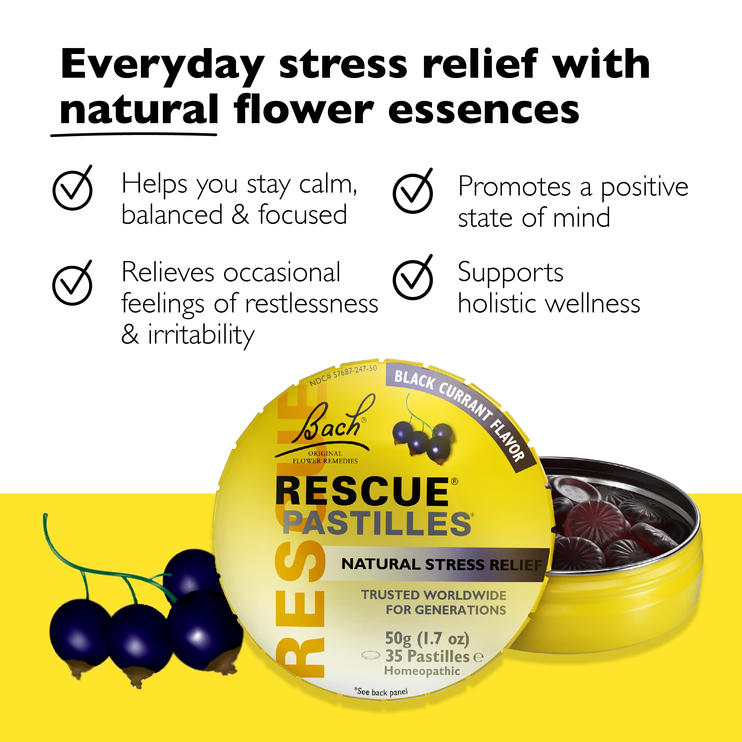 Bach RESCUE PASTILLES, Black Currant Flavor, Natural Stress Relief Lozenges, Homeopathic Flower RESCUE uk supplements