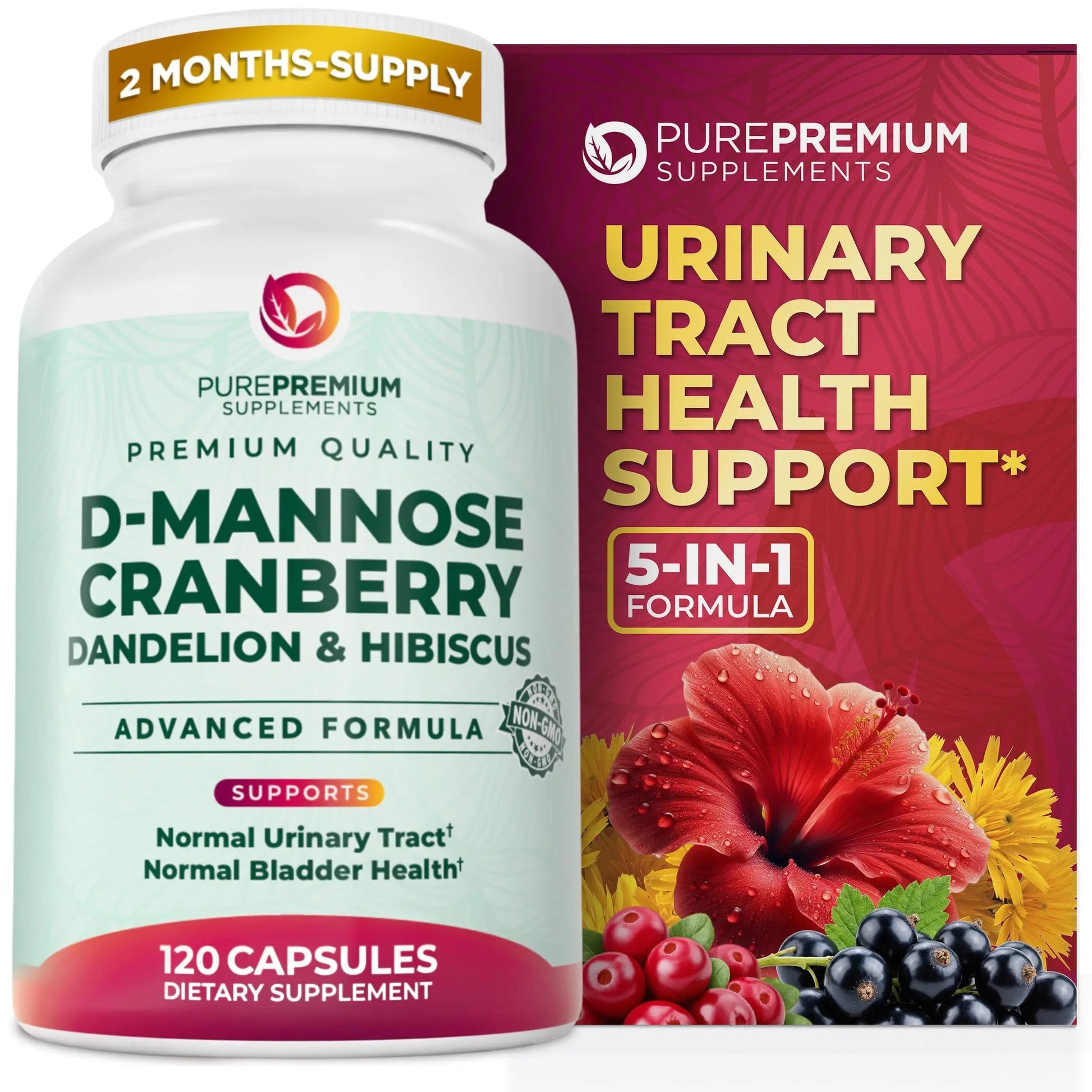PurePremium D-Mannose with Cranberry, Hibiscus & Dandelion - 1000mg D-Mannose Supplements for Women Supports Urinary Tract Health & Bladder Health - Made in USA, Vegan, 120 Capsules, 2 Month Supply PurePremium Supplements uk supplements
