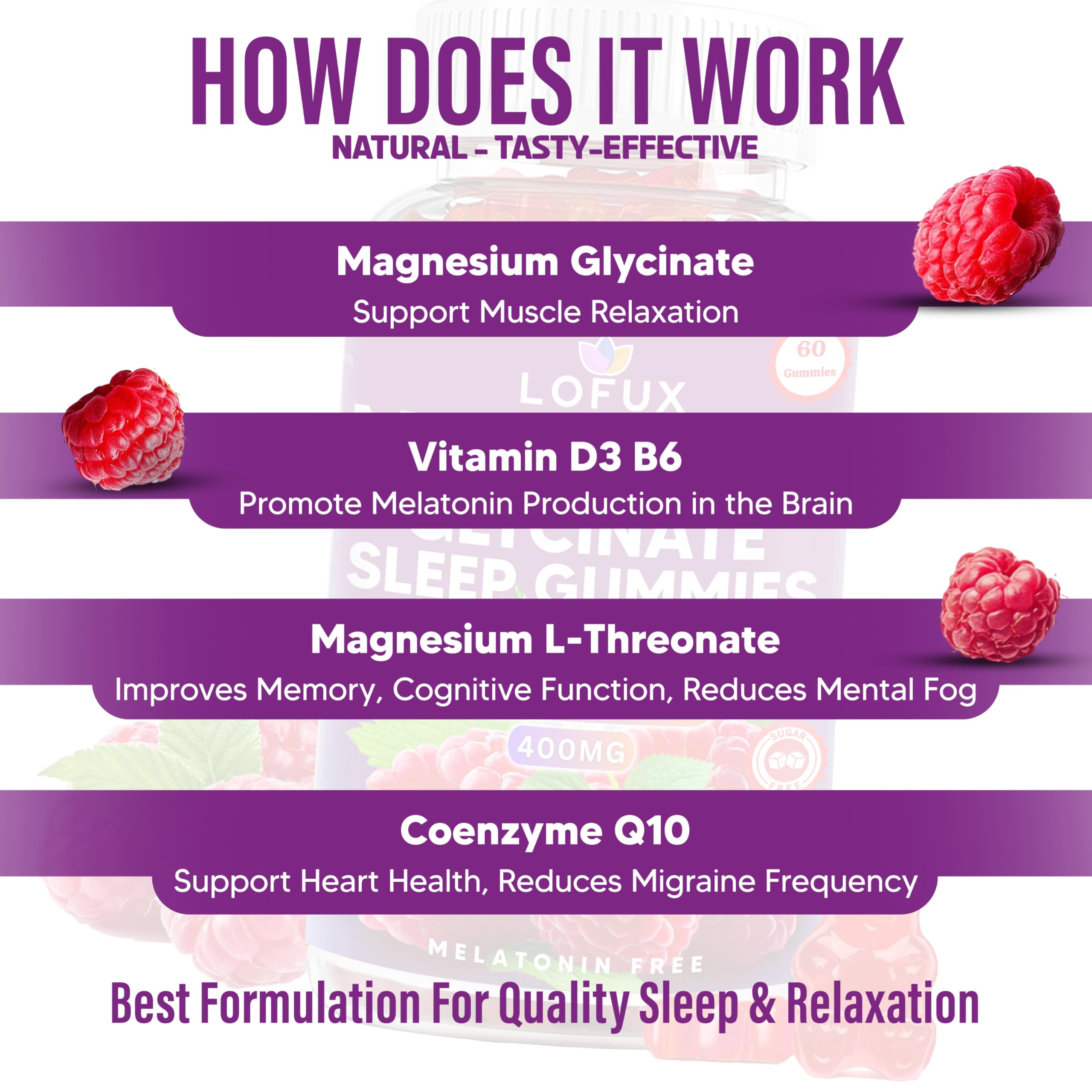 Lofux Magnesium Glycinate Gummies 400mg, Sugar Free Magnesium Gummies for Adults Women, Men, Chewable Supplement Gummy with L-Threonate, Vitamin D, B6, CoQ10 - for Calm, Sleep, Body Relaxation, 120 Ct Lofux uk supplements