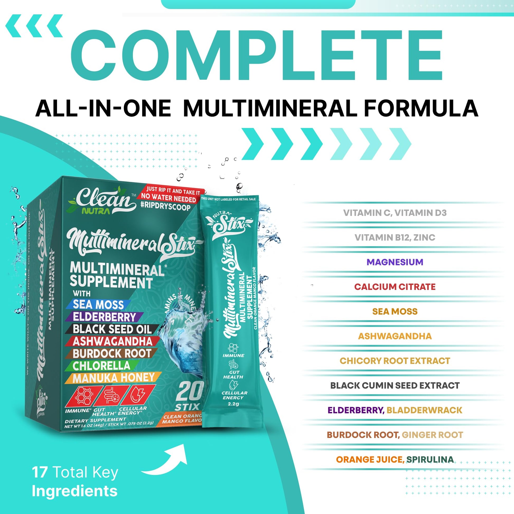 Sea Moss Powder Elderberry Ashwagandha Chlorella Manuka Honey VitaminD3 Vitamin C Zinc Spirulina Iodine Greens Detox Immune Support Sugar Free Hydration Powder Drink Mix – 20 Sticks Clean Nutraceuticals uk supplements