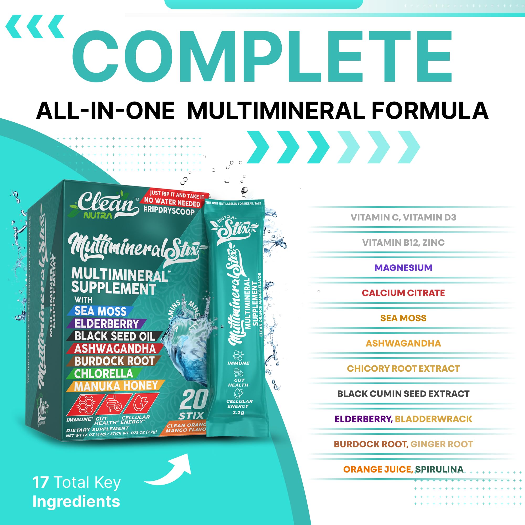 Sea Moss Powder Elderberry Ashwagandha Chlorella Manuka Honey VitaminD3 Vitamin C Zinc Spirulina Iodine Greens Detox Immune Support Sugar Free Hydration Powder Drink Mix – 20 Sticks Clean Nutraceuticals uk supplements