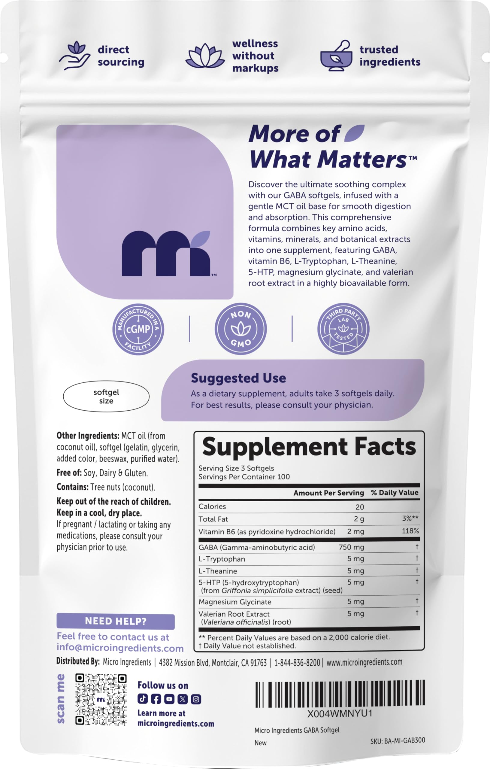Micro Ingredients GABA 750 mg with MCT Oil, 300 Softgels | Gamma Aminobutyric Acid with Vitamin B6, 5-HTP, L-Theanine, L-Tryptophan & Magnesium Glycinate | Non-GMO, cGMP Manufactured Micro Ingredients uk supplements