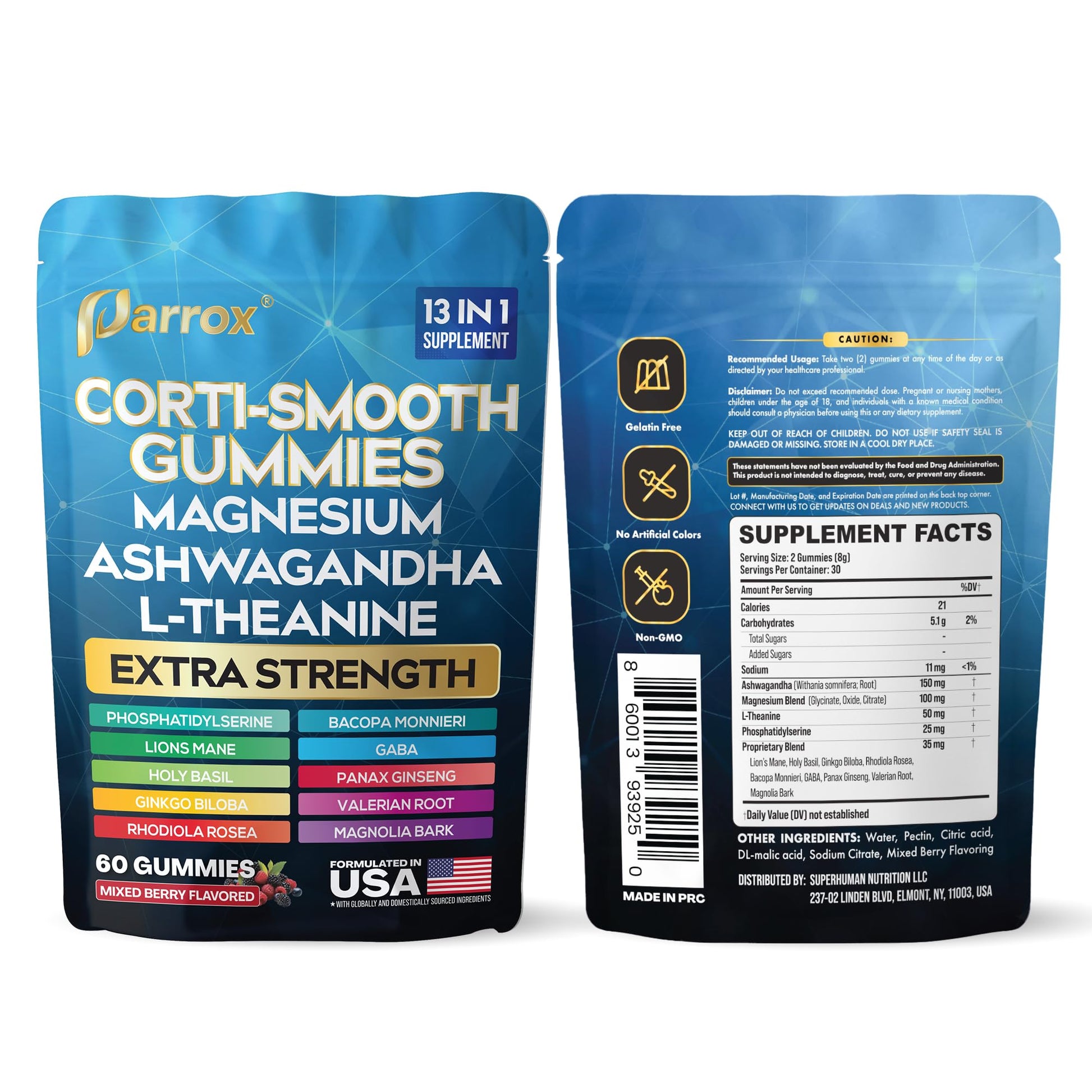 Parrox Corti-Smooth Cortisol Support Gummies with Magnesium, L-Theanine, Ashwagandha, Phosphatidylserine, Bacopa Monnieri, Lions Mane, Ginkgo Biloba, Valerian Root (60 Gummies - Mixed Berry Flavor) Parrox uk supplements