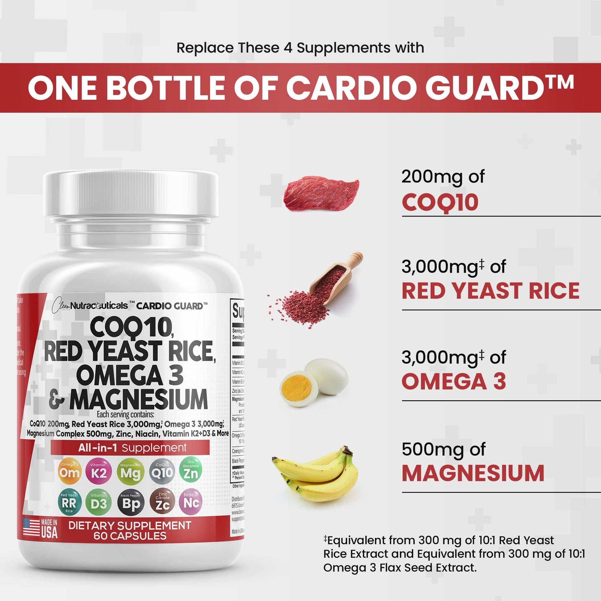 COQ10 200mg Red Yeast Rice 3000mg Omega 3 3000mg Magnesium Clean Nutraceuticals uk supplements