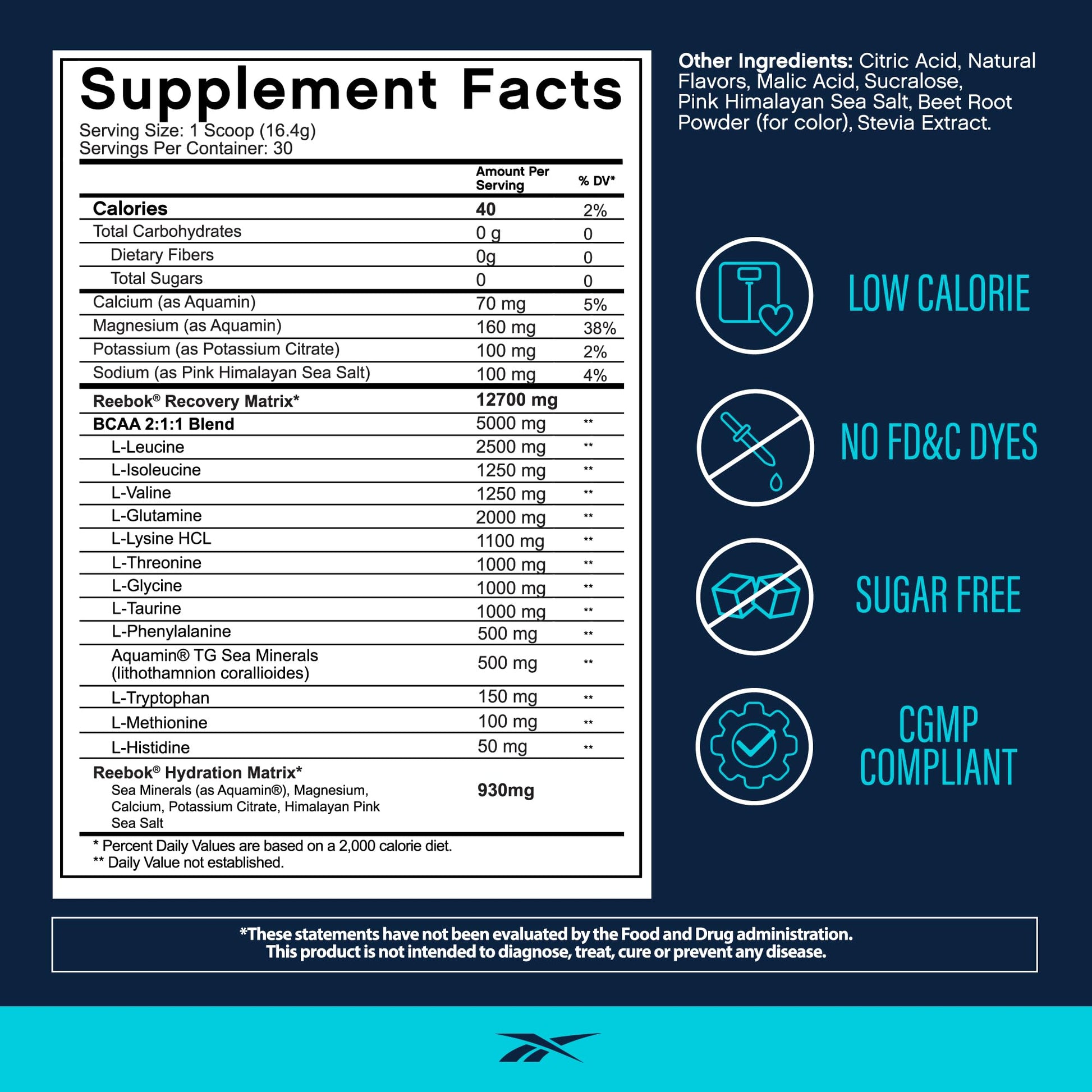 Reebok REEcover Amino Acids + Electrolytes | 8g EAAs, 5g BCAAs, Hydration Matrix | Muscle Recovery, Strength | Post-Workout Support Reebok uk supplements