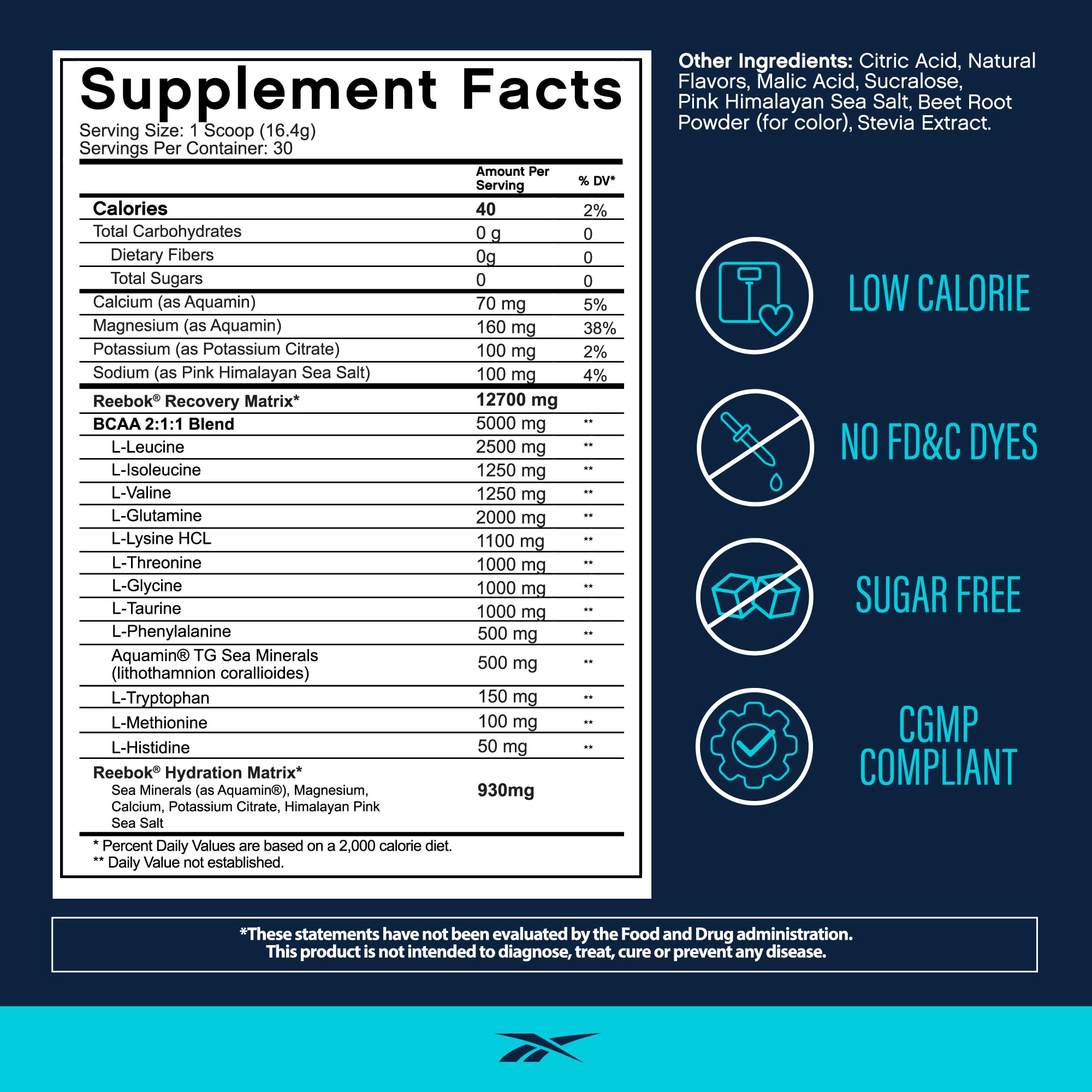 Reebok REEcover Amino Acids + Electrolytes | 8g EAAs, 5g BCAAs, Hydration Matrix | Muscle Recovery, Strength | Post-Workout Support Reebok uk supplements
