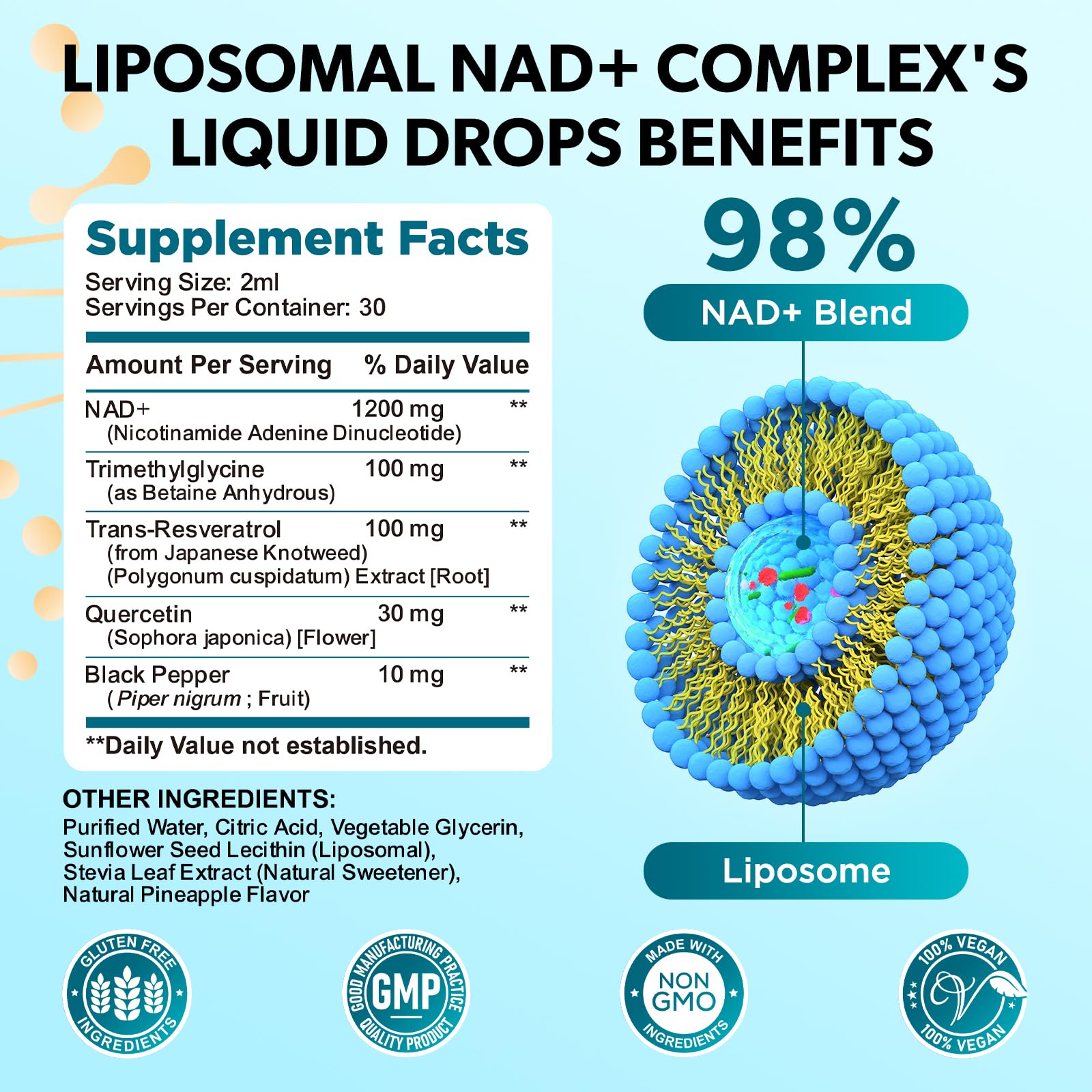 GZ HAOYUAN NAD Liquid Supplement for Women, Liposomal NAD+ Drops 1200MG with NAD Plus Resveratrol, Tmg, Quercetin, Anti-Aging, Cell Regeneration, Energy & Metabolism Support, Pineapple Flavor GZ HAOYUAN uk supplements