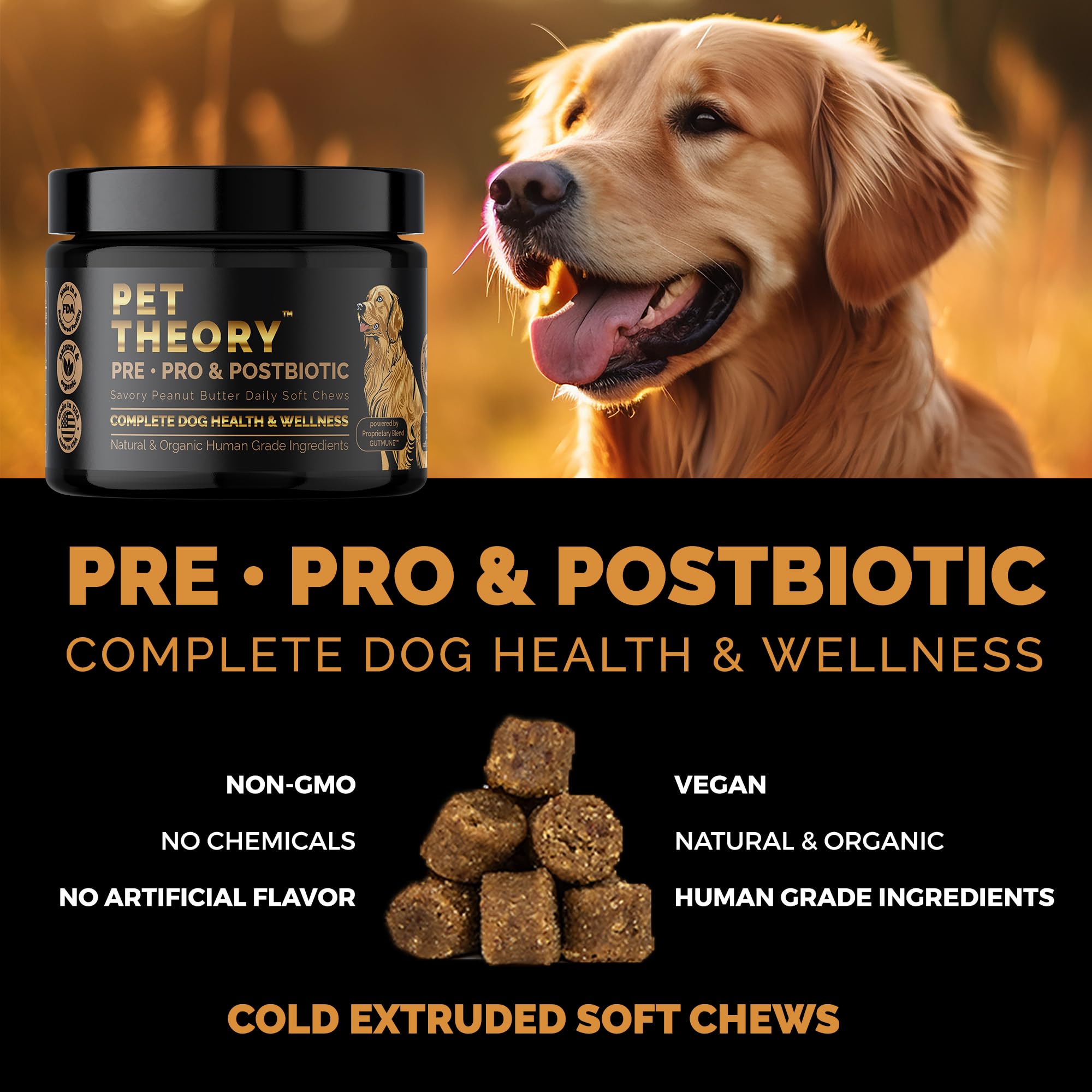 Pet Theory Probiotics for Dogs. Dog Digestive Health-Pre Pro and Postbiotic Combination-Pet Supplements for Gut Health-Supports Digestion, Boost Immunity-100CT Soft Chews Pet Theory uk supplements