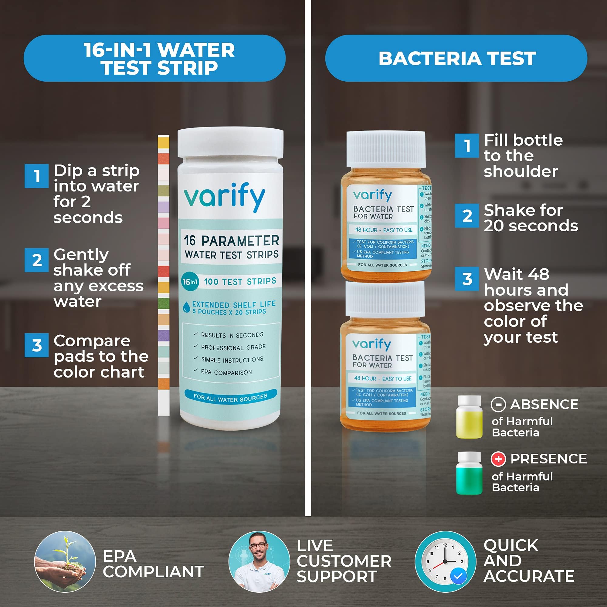 Varify 17in1 Complete Drinking Water Test Kit - 100 Strips + 2 Bacteria Tester Kits - Well, Tap, Home, City Water Testing Strip for Lead, Alkaline, Chlorine, Hardness, Iron, Fluoride, Copper & More VARIFY uk supplements