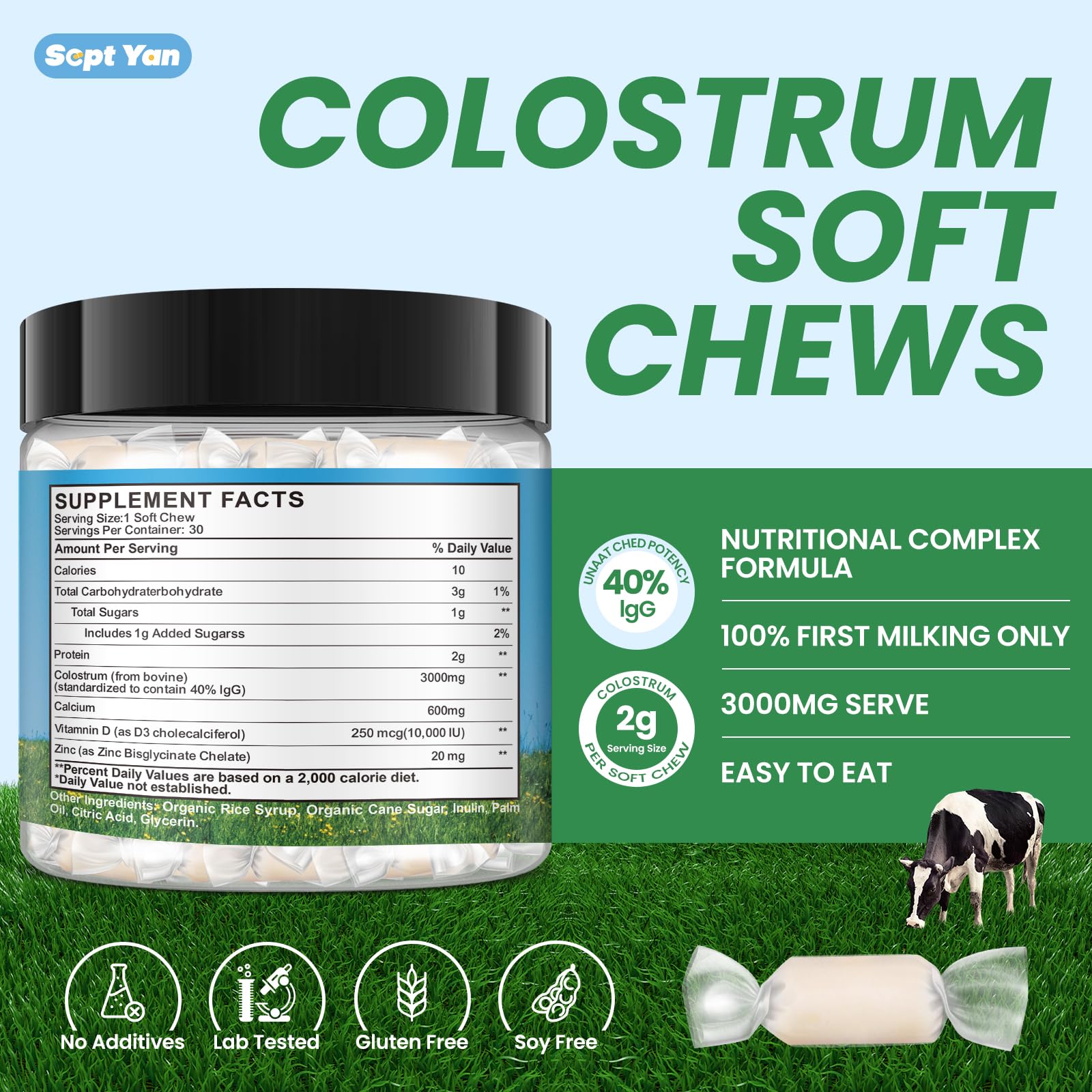 Colostrum Soft Chew Supplement (3000mg + 40% IgG), Concentrated Bovine Colostrum SEPT YAN uk supplements