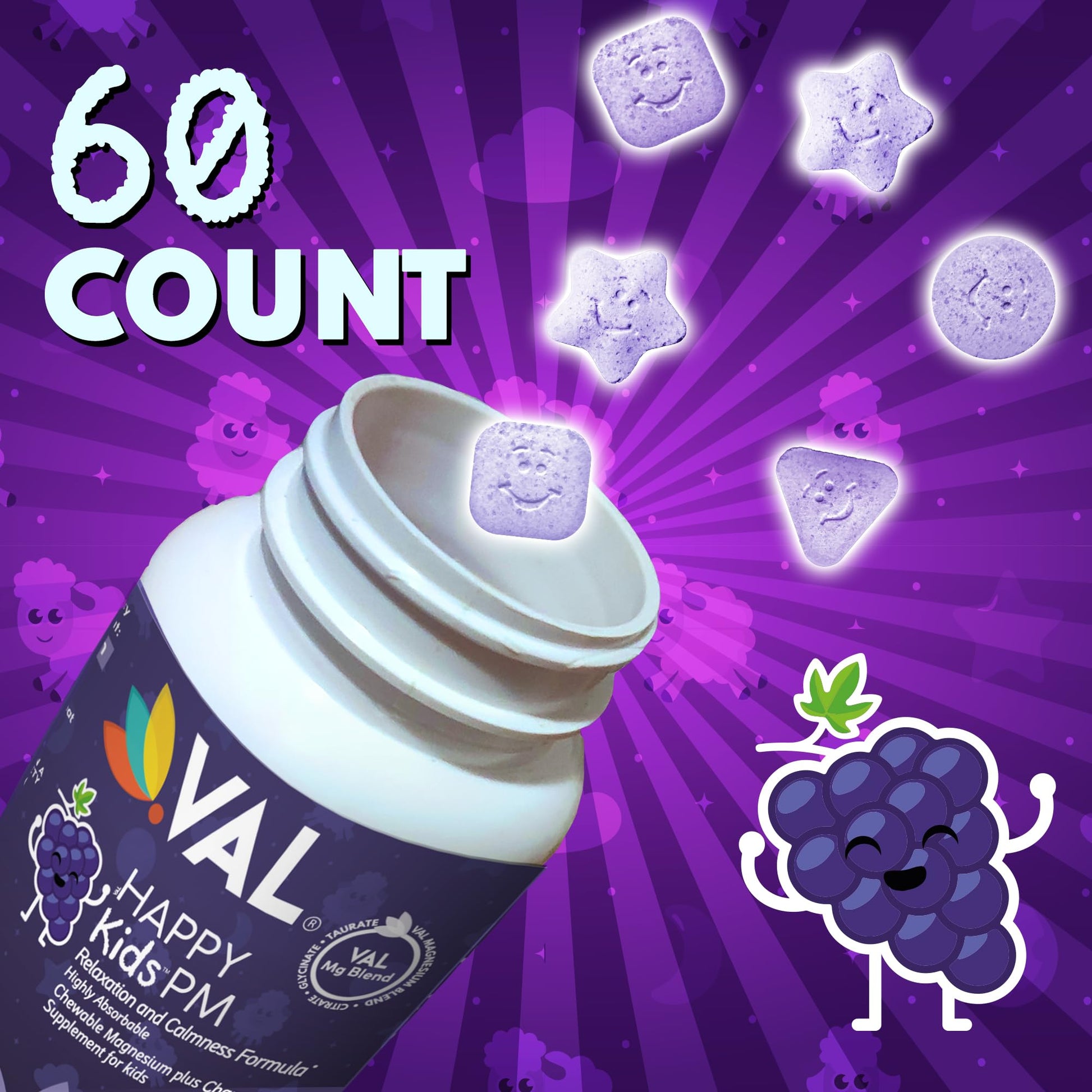 VAL Kids PM Magnesium Gummies | Sugar-Free Chewable Tablets with Chamomile, Magnesium Glycinate + Citrate + Taurate | Vitamin B6 & C | Natural Grape Flavor | Sleep & Calm Support | 60 Ct | Ages 4+ VAL uk supplements
