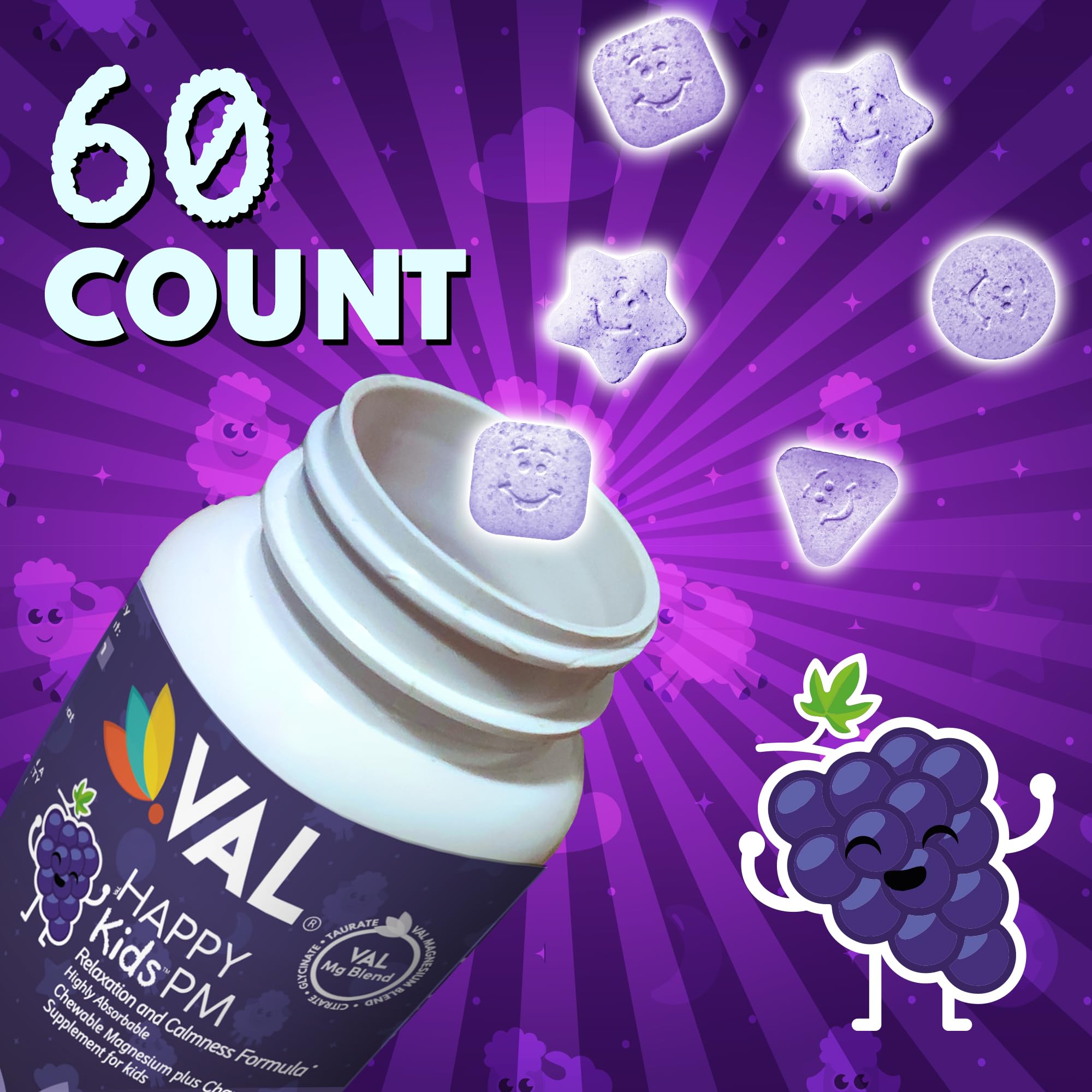 VAL Kids PM Magnesium Gummies | Sugar-Free Chewable Tablets with Chamomile, Magnesium Glycinate + Citrate + Taurate | Vitamin B6 & C | Natural Grape Flavor | Sleep & Calm Support | 60 Ct | Ages 4+ VAL uk supplements
