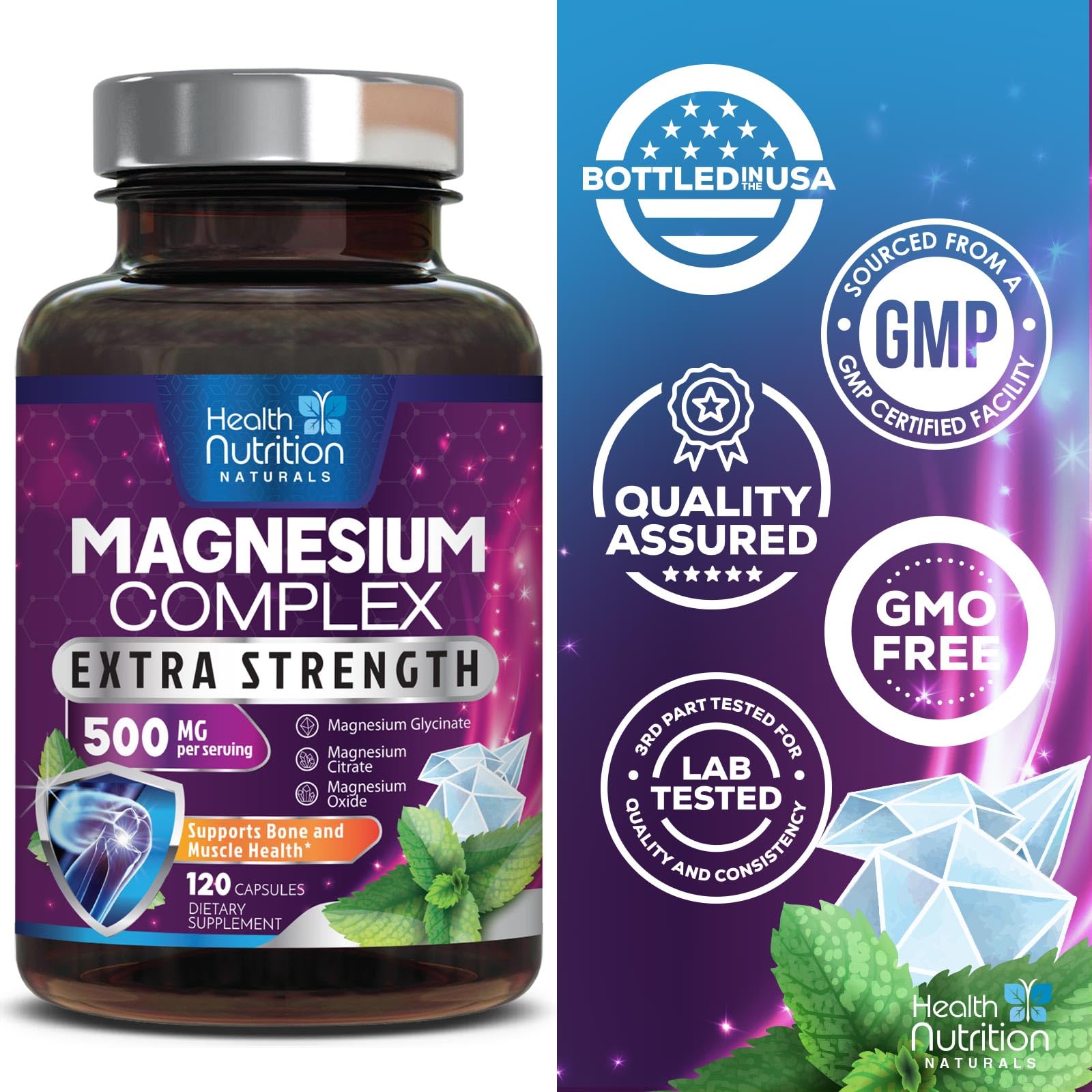 Magnesium Complex Capsules - 500mg per Serving Magnesium - High Absorption Chelated Mineral Supplement - with Oxide, Glycinate, Malate, Citrate for Muscle Bone and Heart Health Support - 120 Capsules Health Nutrition Naturals uk supplements
