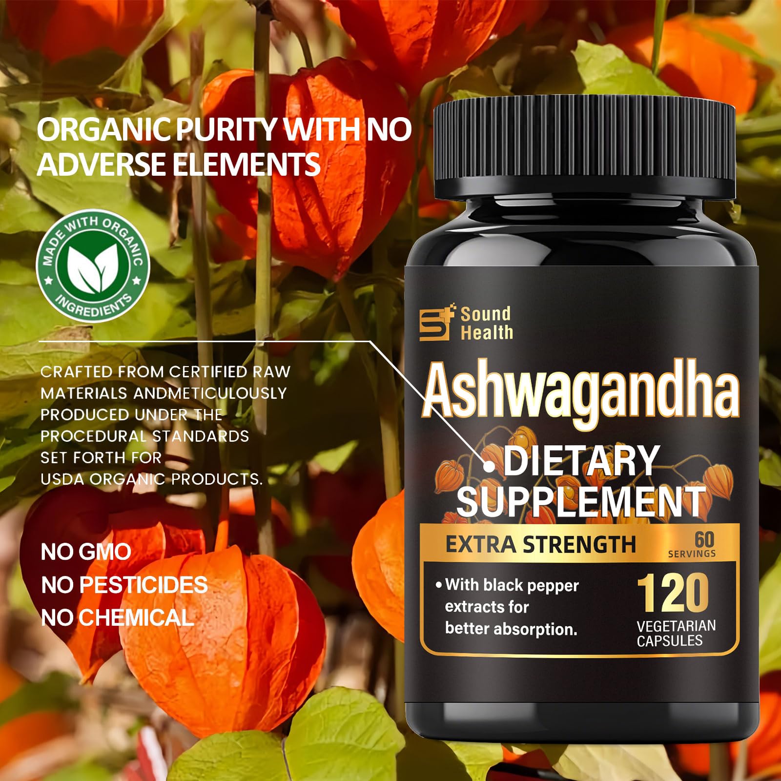 7000mg Ashwagandha Supplements Powder (20:1 Root Extract), 120 Organic Ashwagandha Capsules for Women & Men, Black Pepper & BioPerine for Absorption, Non GMO, Third-Party Tested, Gluten Free SoundHealth uk supplements