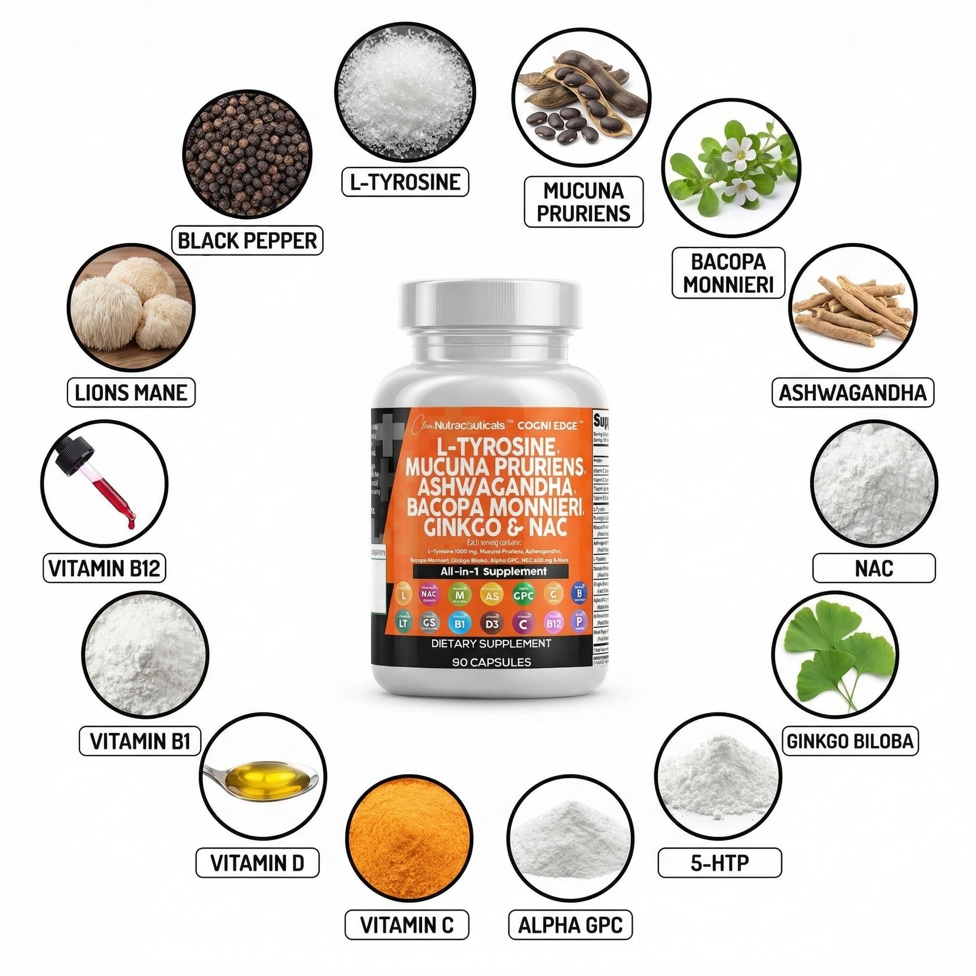 Clean Nutraceuticals L Tyrosine Mucuna Pruriens Bacopa Monnieri Ashwagandha Focus Supplement w/N-Acetyl Cysteine NAC 5-HTP Ginkgo Biloba Alpha GPC Vitamin C D B1 B12 Clean Nutraceuticals uk supplements