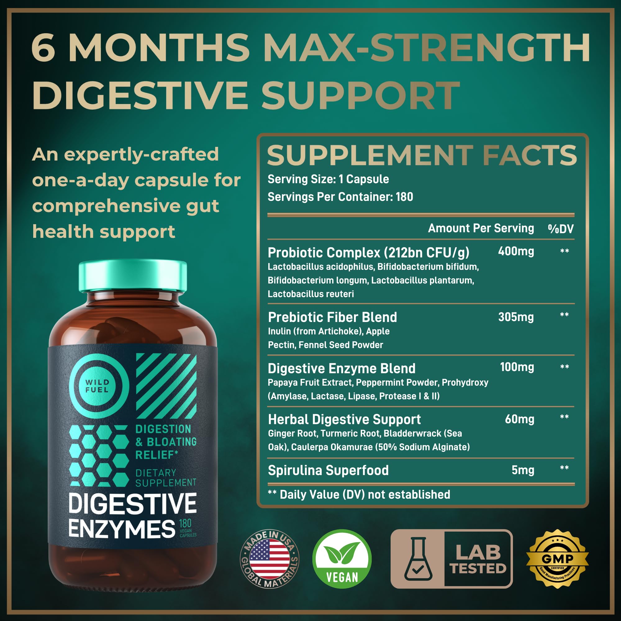 Digestive Enzymes for Women and Men with Probiotics and Prebiotics - Vegan Digestive Enzyme Blend - Bloating Support, Gut Health & Digestion Supplement with Artichoke Ginger Turmeric - 180 Capsules WILD FUEL uk supplements