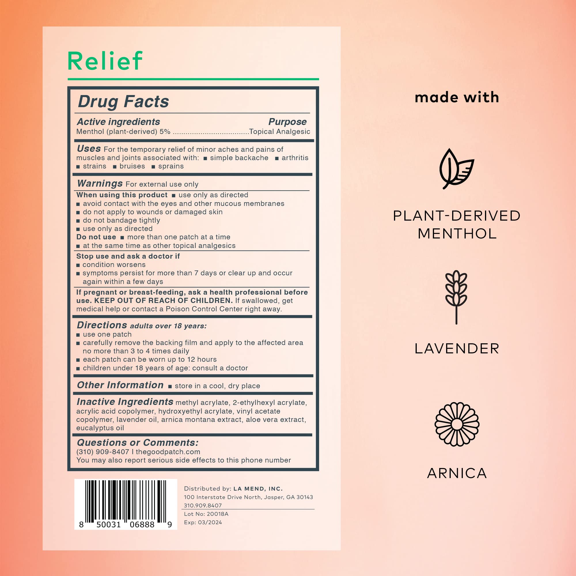The Good Patch Muscle Pain Relief Patches, Natural Patch with Menthol, Lavender, Arnica and Aloe Vera, Sustained Release, Plant Powered Wearable Wellness, For Back, Neck, Arms, Legs (16 Total Patches) The Good Patch uk supplements