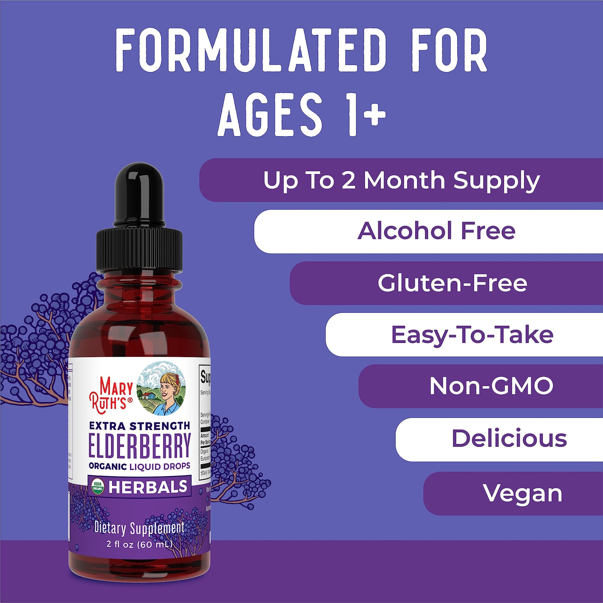 MaryRuth Organics Elderberry Syrup Extra Strength, USDA Organic Elderberry, Sugar Free Adults & Kids Immune Support Supplement for Ages 1+, Clean Label Project Verified®, Vegan, Gluten Free, 2 Fl Oz MARYRUTH'S uk supplements
