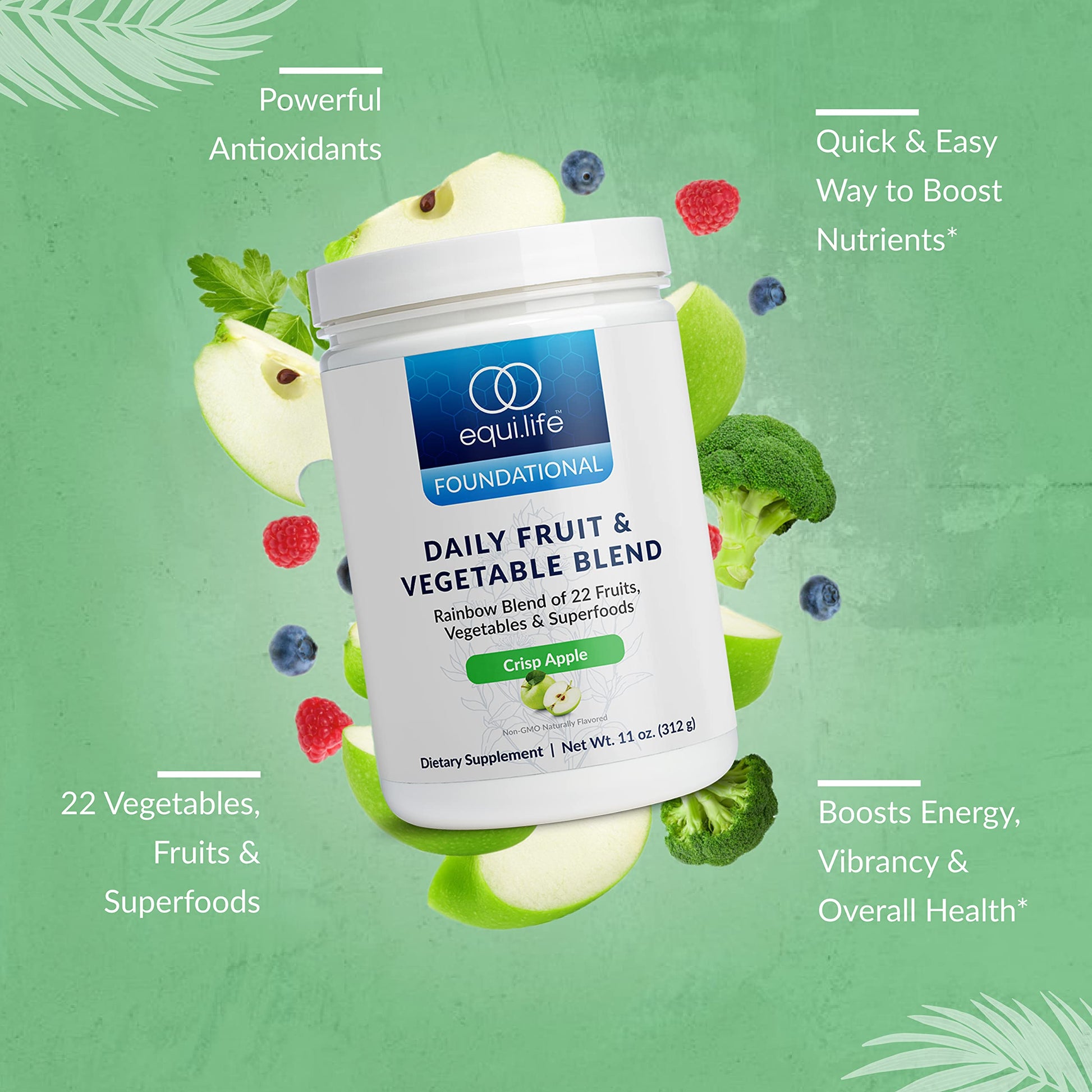 Equilife Daily Fruit & Vegetable Blend, Superfood Antioxidant Supplement, Crisp Apple Flavor with Vitamin C, Fiber, and 9 Essential Amino Acids, Supports Energy, Low Sugar, Vegan, 30 Servings Tub Equilife uk supplements