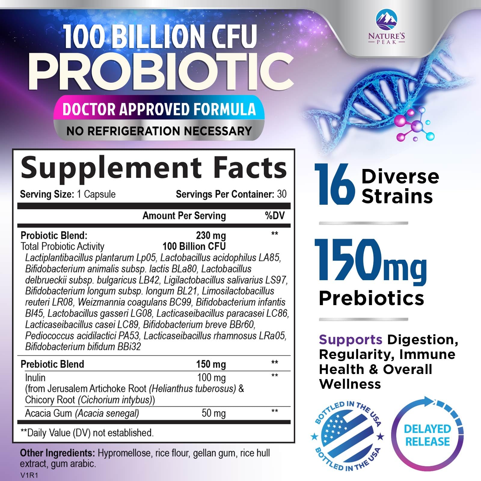 Probiotics 100 Billion CFU - 16 Premium Strains + Prebiotics - Best Probiotics for Women & Men - Supports Immune, Digestive & Gut Health, Supports Occasional Constipation, Gas & Bloating - 30 Capsules Nature's Peak uk supplements