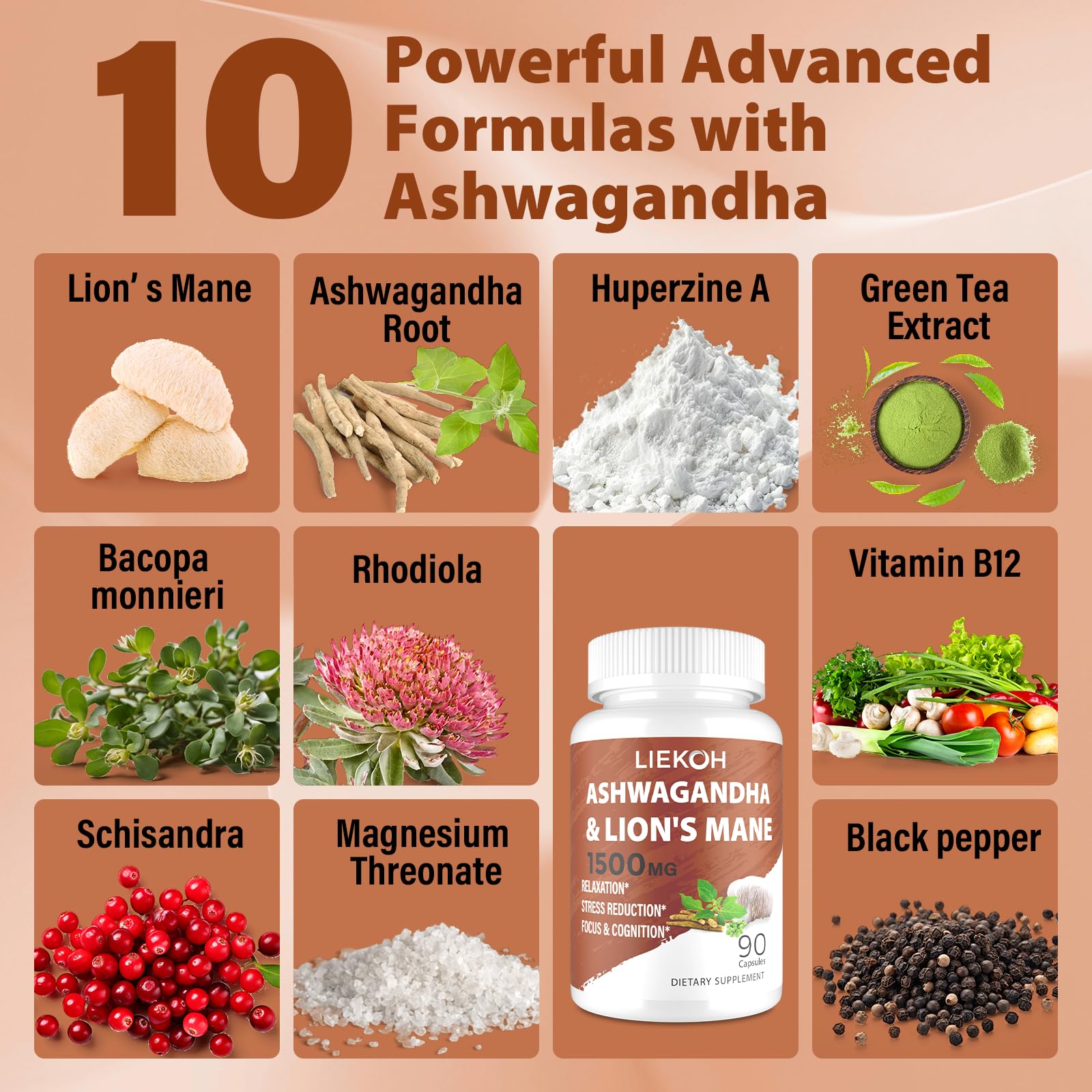 Liekoh Ashwagandha & Lions Mane Supplement Capsules, Brain Supplements for Memory and Focus, Ashwagandha Supplement with Rhodiola & Black Peppe, Cortisol Supplements for Women & Men,90 Caps Liekoh uk supplements