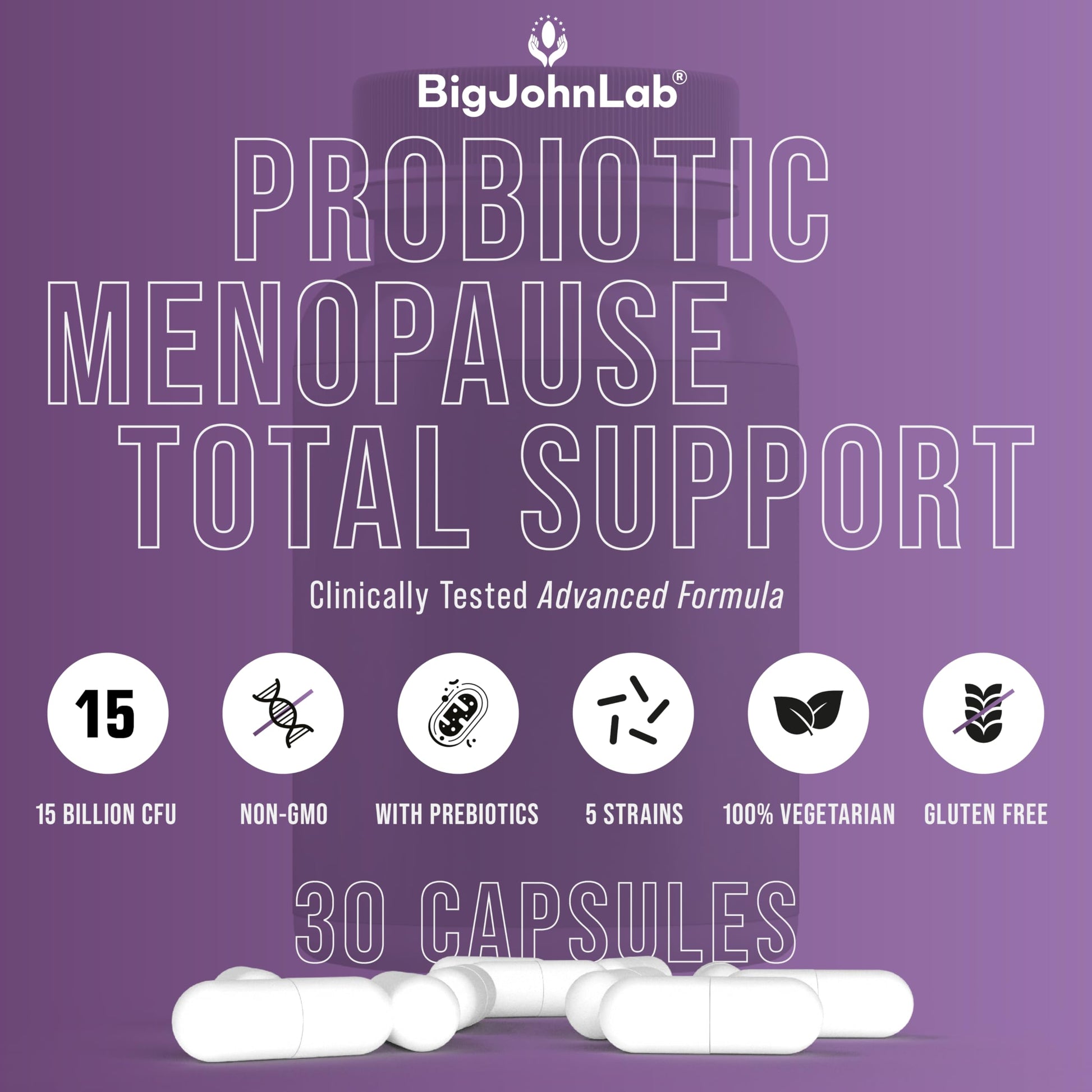 BIGJOHNLAB® - Menopause Total Support – Advanced Probiotic Formula with 5 Strains & 15 Billion CFU, Resveratrol, Black Cohosh, Acacia Fiber, Non-GMO & 100% Vegetarian BIGJOHNLAB uk supplements