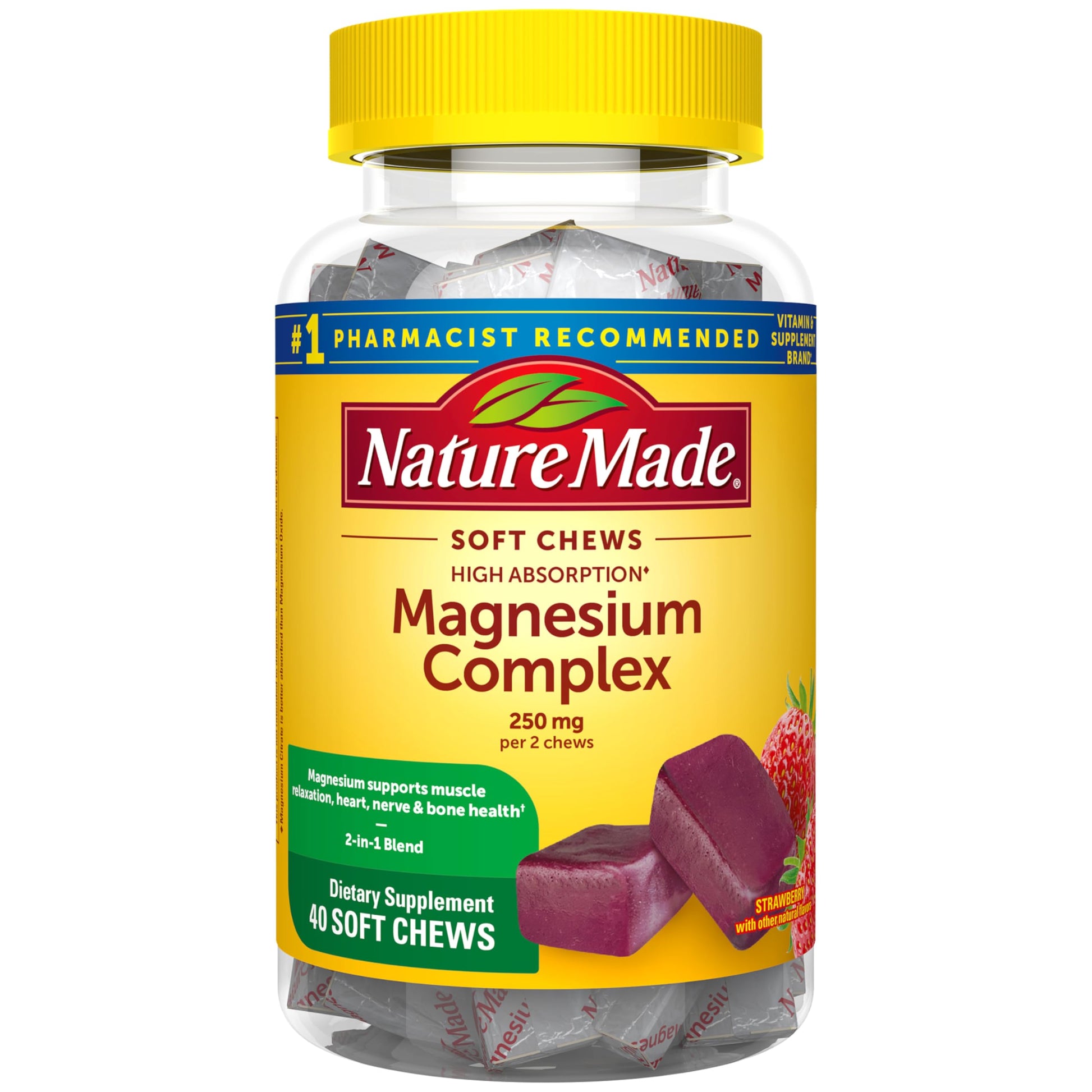 Nature Made High Absorption Magnesium Complex Soft Chews, Magnesium Supplement for Muscle, Heart, Bone Support, Magnesium Citrate & Malate Blend 250 mg per Serving, 40 Vegetarian Chews, 20 Day Supply Nature Made uk supplements