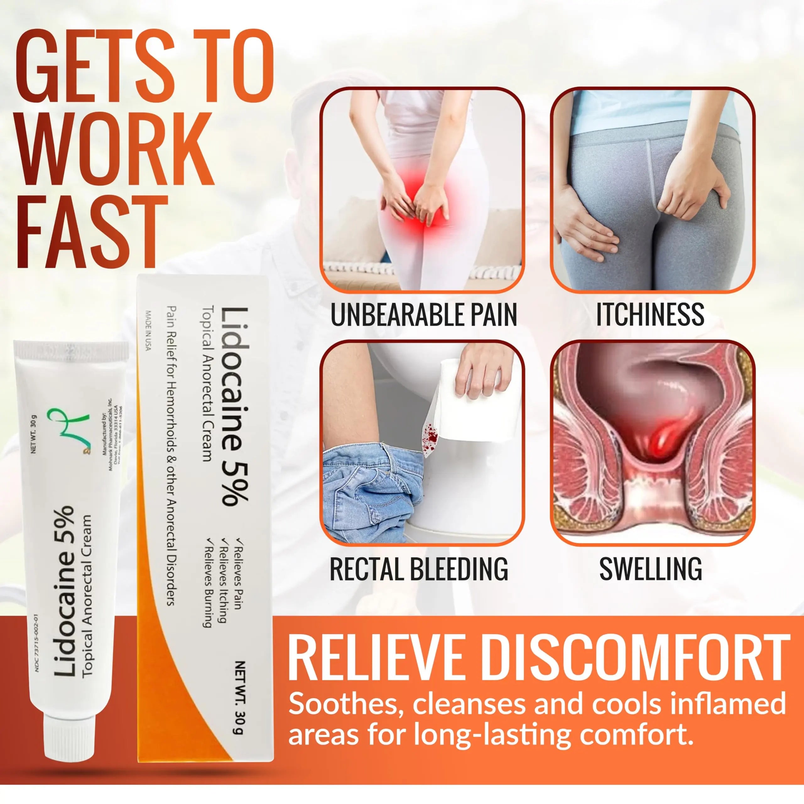 Mohnark Maximum Strength Lidocaine Hemorrhoid Treatment Cream for External and Internal Hemorrhoids Treatment Burn Itch Pain Relief Anal Cream Topical Anorectal Numbing Cream- 30 Gram Tube Made in USA MOHNARK uk supplements