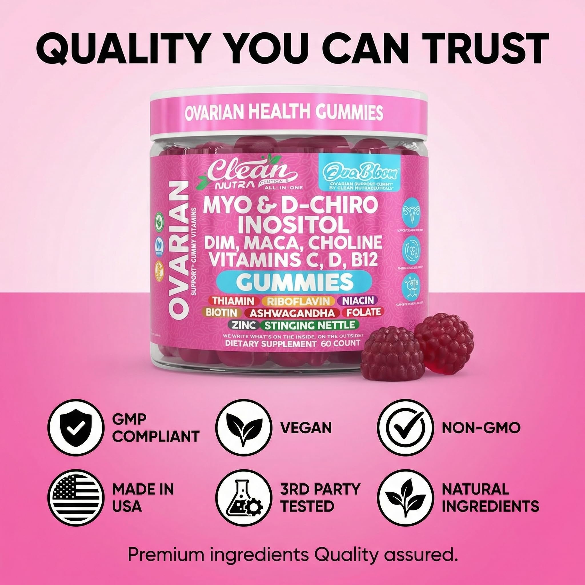 OVA Bloom Ovarian Support Gummies Myo Inositol D-Chiro Inositol Choline Flax Biotin Riboflavin Thiamin Niacin Ashwagandha DIM Maca Root Vitamin C D3 B12 Zinc 60 Count By Clean Nutra Clean Nutraceuticals uk supplements