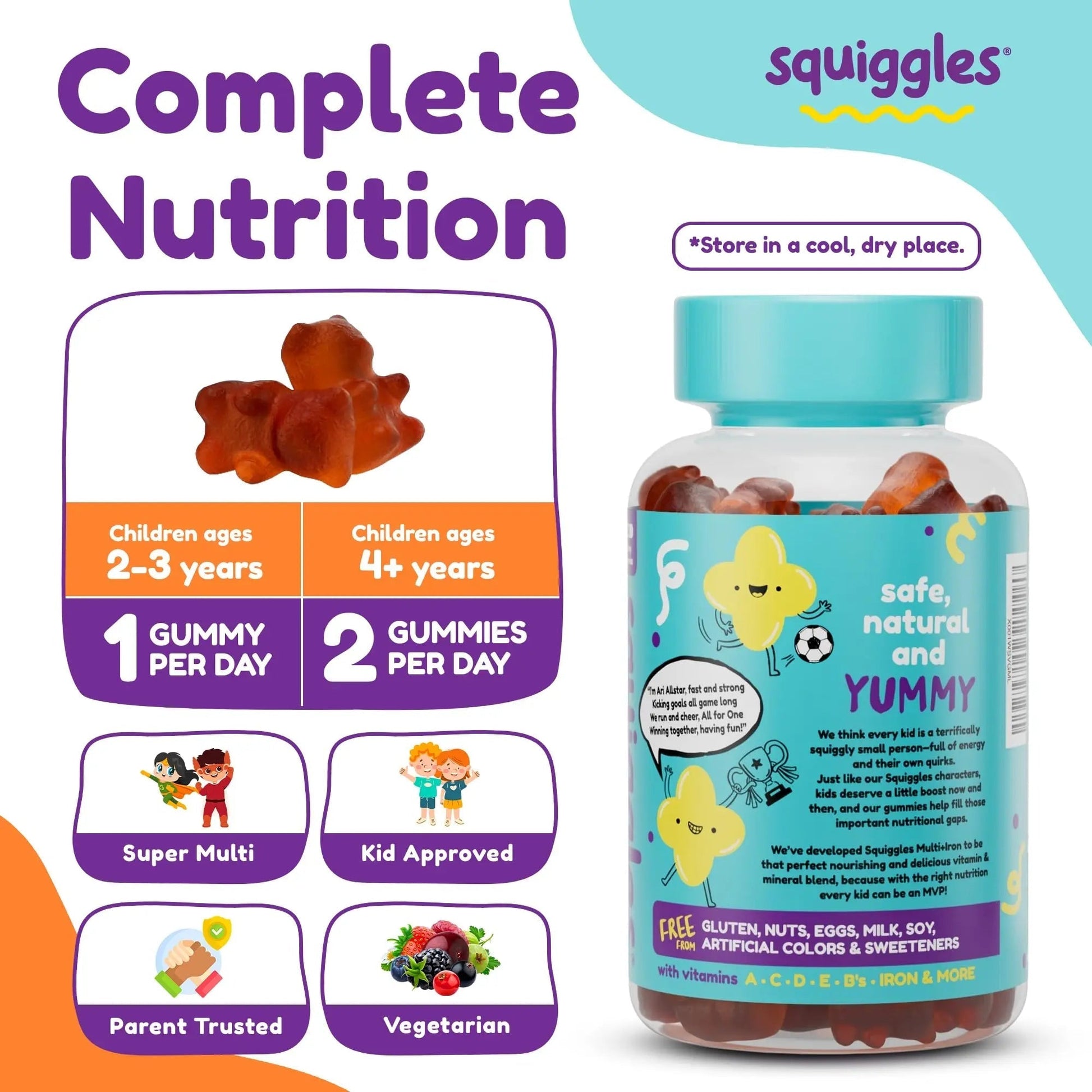 Squiggles Kids Multivitamin + Iron Gummies - Low Sugar Gummy Vitamins with Iron Supplements for Kids Squiggles uk supplements