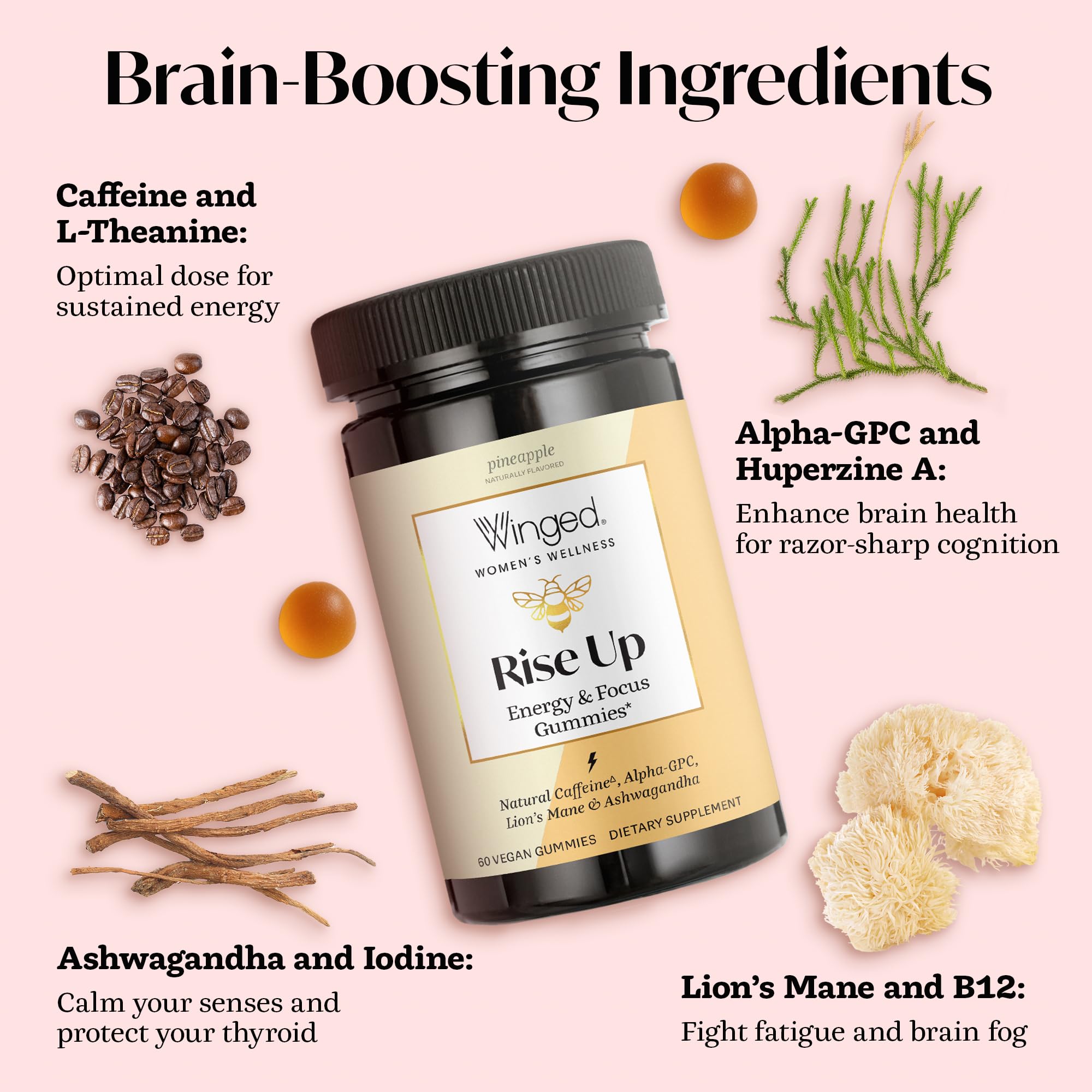 Winged Wellness Rise Up, Energy & Focus Gummies for Women - Daily Brain Boost Gummy Supplement with Natural Caffeine, Ashwagandha, B12, Nootropics Alpha-GPC & Lion’s Mane - Pineapple, 60 Gummies Winged Wellness uk supplements
