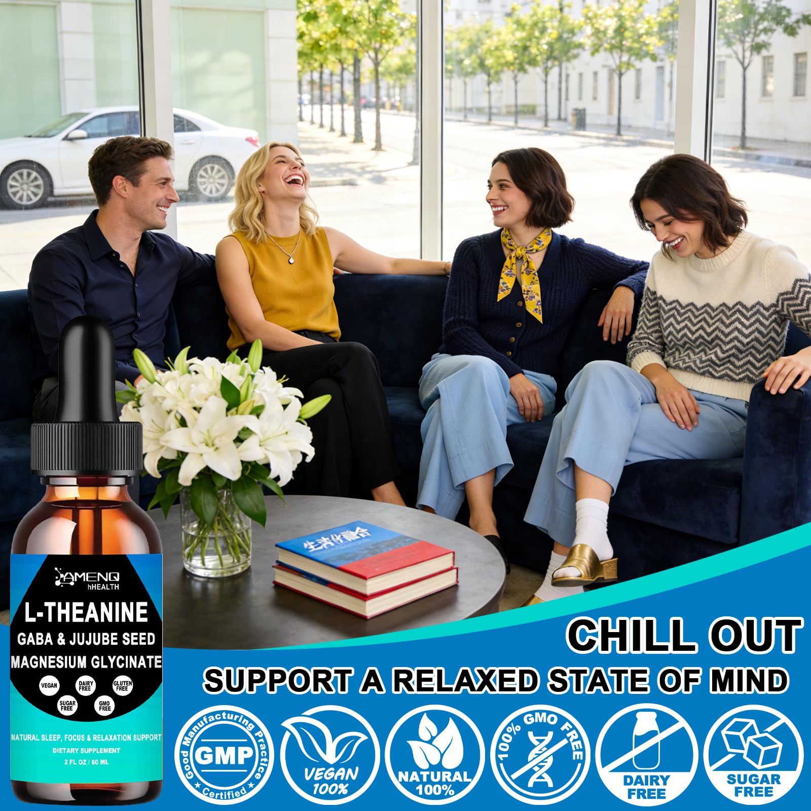 L Theanine Liquid Drops - Double Strength L-Theanine 200mg for Adults & Kids, Fast Absorption Gaba L-Theanine Supplements w. Magnesium & Jujube Seed for Nerve & Sleep, Relaxation & Mood Support丨Vegan AMENQ hHEALTH uk supplements