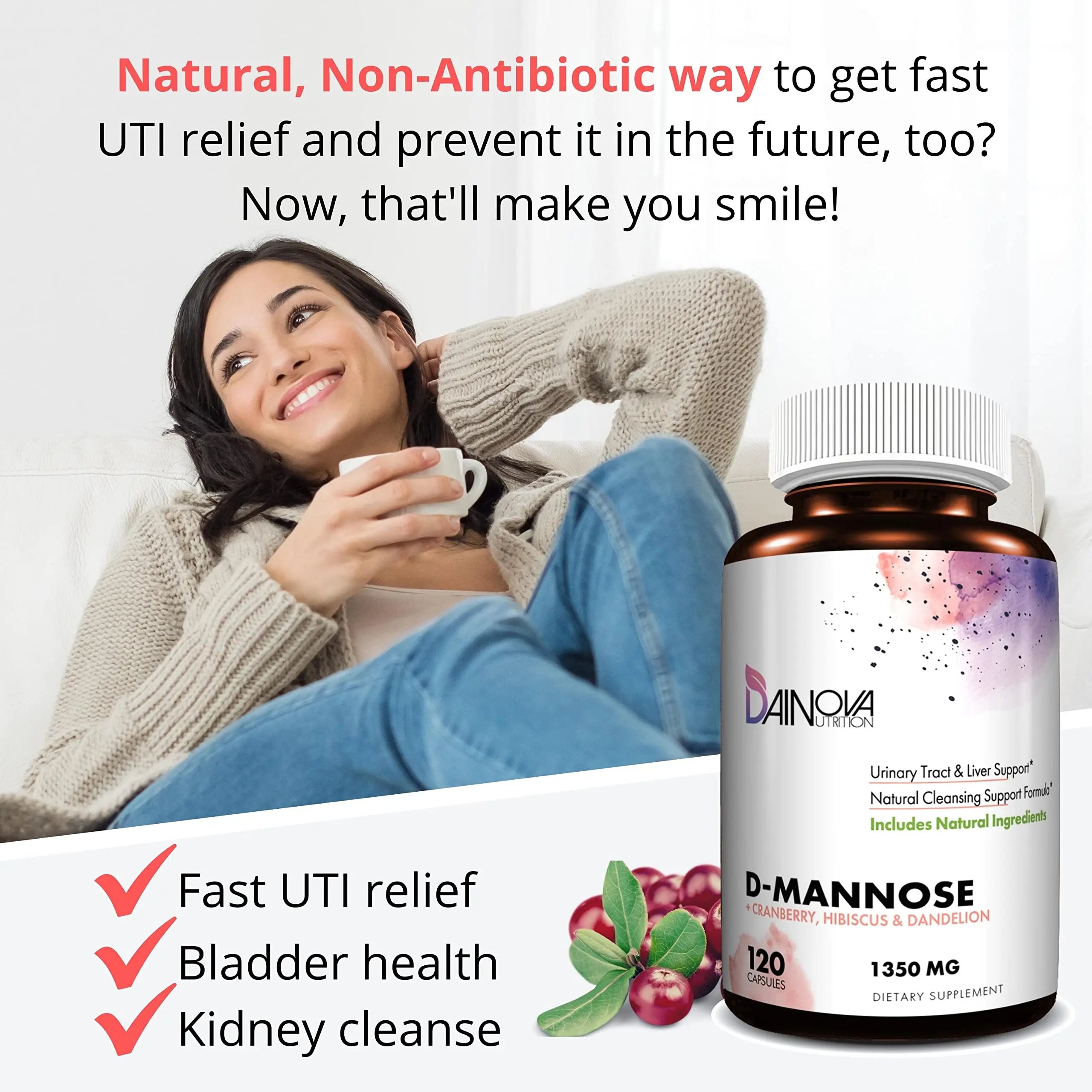 Dainova D Mannose 1350mg with Cranberry I D-Mannose Capsules for UTI Prevention, Urinary Tract Support, Urinary Tract Health for Women, & Cleanse. W/Hibiscus & Dandelion, 120 Veggie Capsules Dainova Nutrition uk supplements